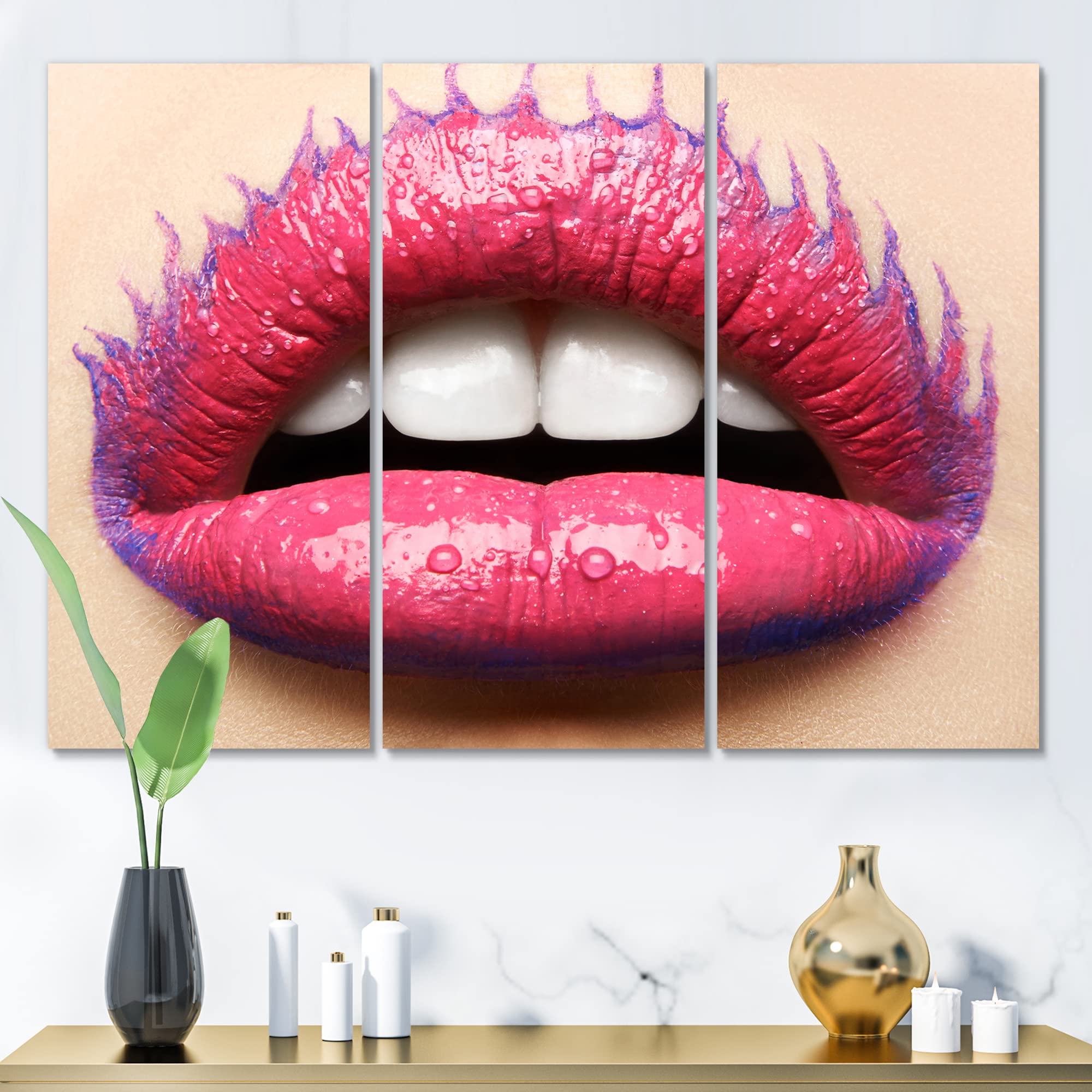 DesignQ Pink Lipstick Lips Canvas Wall Art - Modern Female Portrait Painting for Living Room, Bedroom & Office Decor