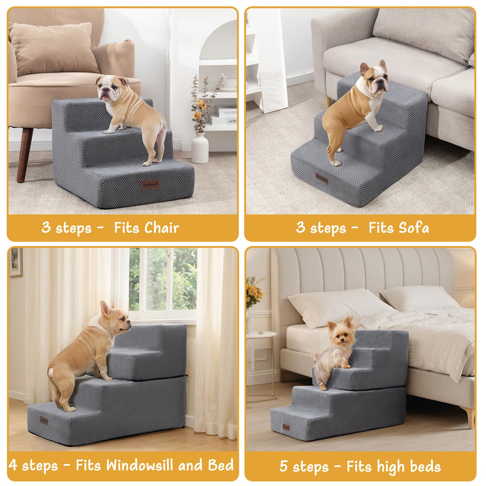 4-Step Non-Slip Pet Stairs for Small Dogs & Cats - Grey Pet Steps for Beds & Couches (18.5