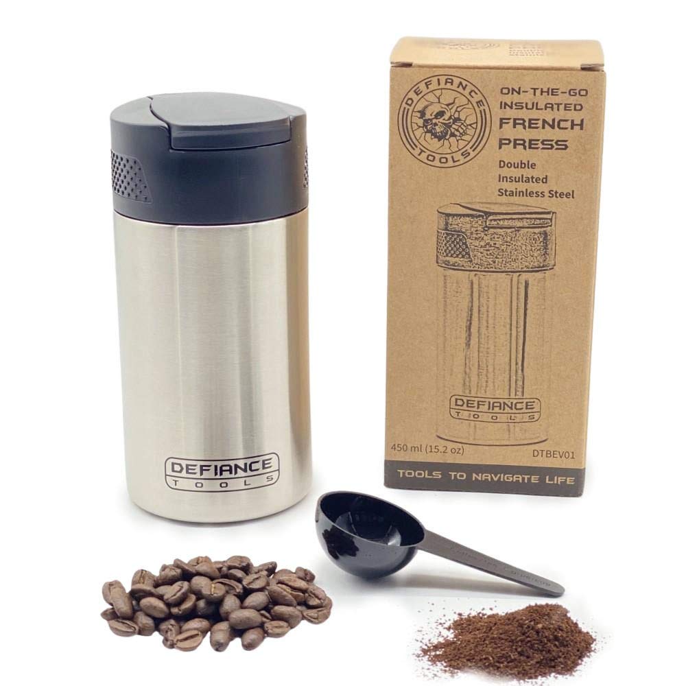 Portable Stainless Steel French Press Coffee Maker - Double Insulated Travel Mug for Hot/Cold Brew Tea & Coffee (2 Cups) - Perfect for Camping, Office & Outdoor Adventures