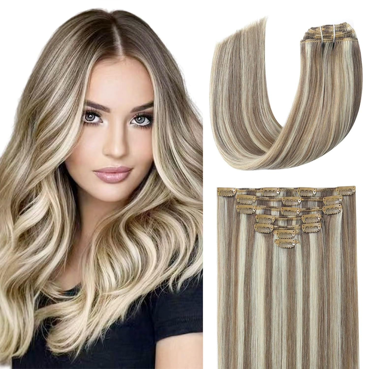 22 Inch Clip in Human Hair Extensions - 7PCS 120g Ash Brown Highlights with Platinum Blonde - 100% Remy Natural Straight Double Weft Invisible Clip Ins - Perfect for Parties, Weddings & Daily Styling