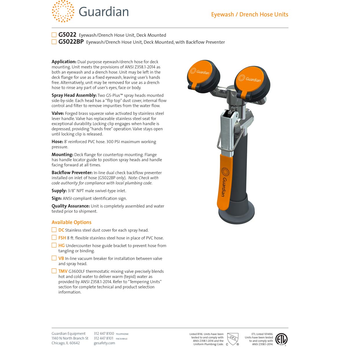 Guardian G5022BP Deck Mounted Emergency Eyewash and Drench Hose Station with Backflow Preventer - OSHA Compliant Safety Equipment for Laboratories, Factories & Industrial Workplaces