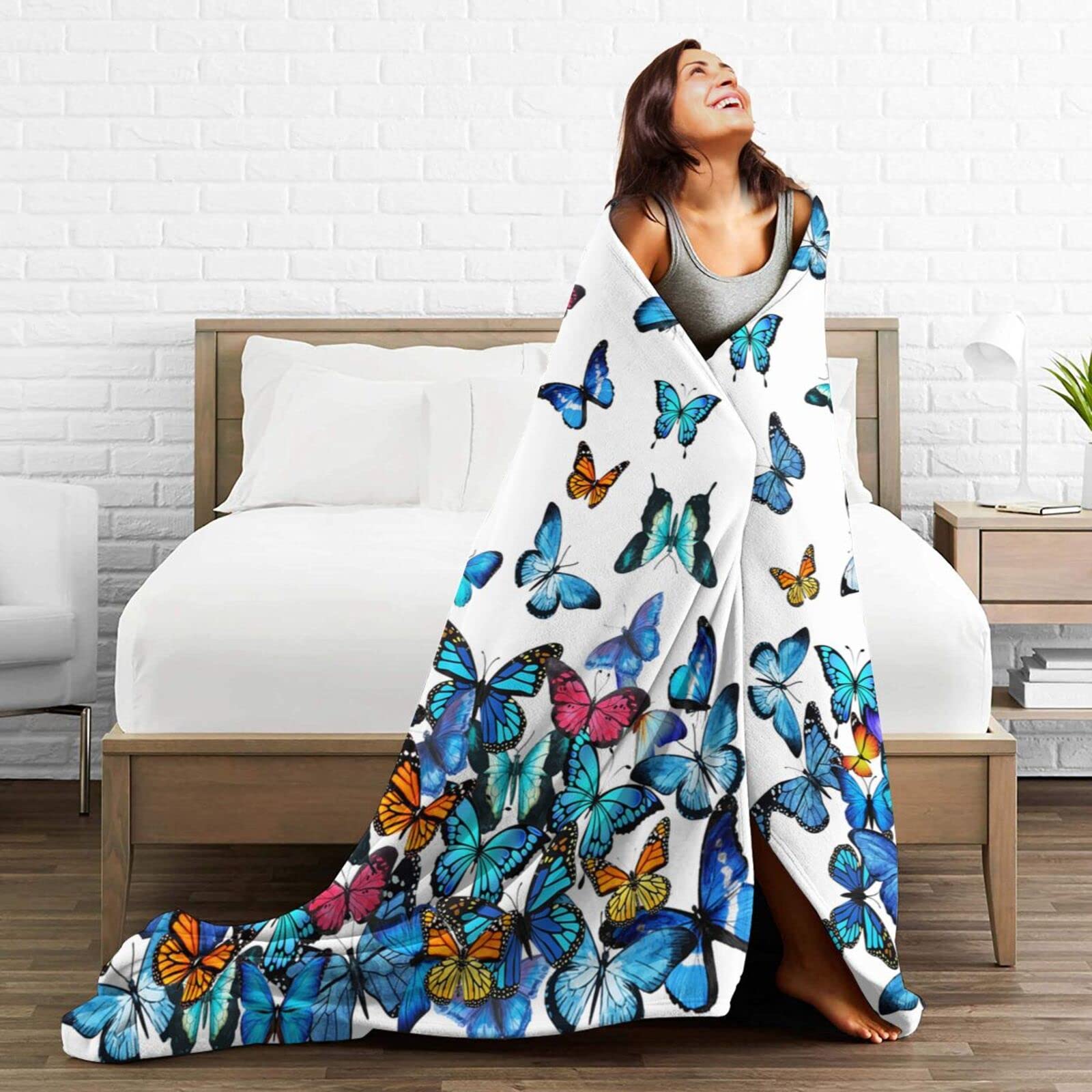 Blue Butterfly Blanket - Ultra Soft & Lightweight Cozy Throw Blanket for Bed, Couch, Sofa (60
