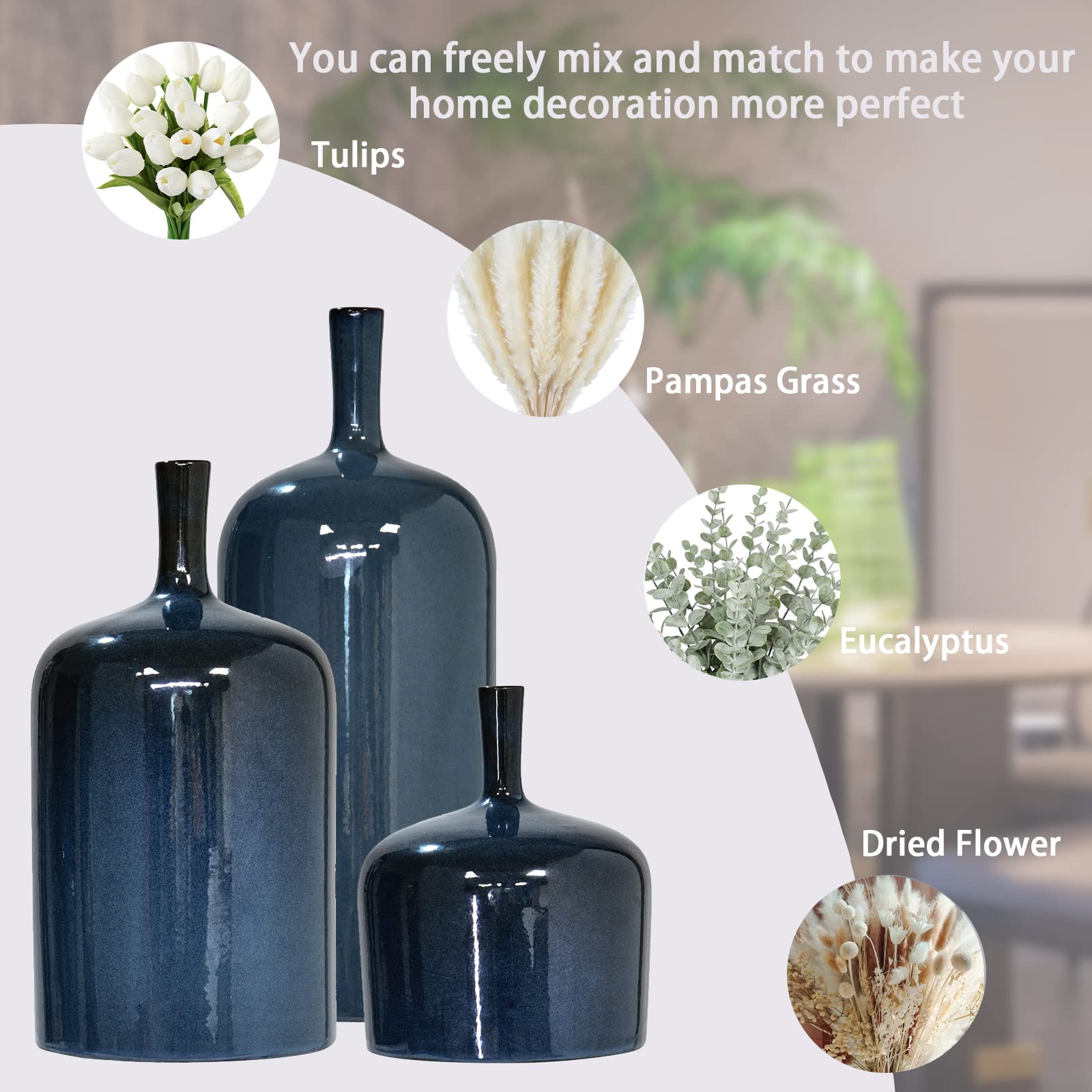 Ceramic Vase Set of 2 - Modern Reactive Glaze Blue Flower Vases for Centerpieces, Long Neck Home Decor for Bedroom, Kitchen, Dining Table | Perfect for Wedding, Housewarming & Farmhouse Decor
