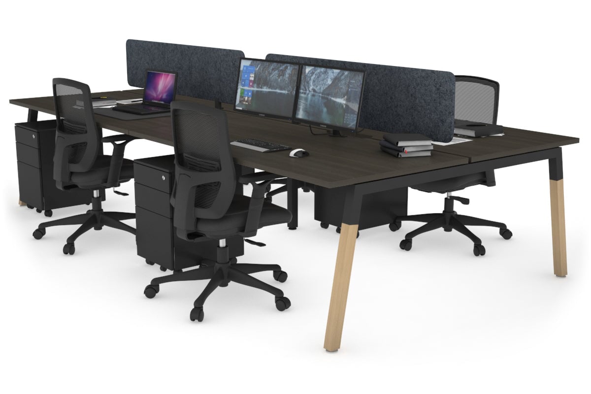 Quadro A Legs 4-Person Office Workstation with Wood Legs & Cross Beam - 1400L x 800W Dimensions, Cable Management Scallop | Perfect for Collaborative Workspaces & Modern Offices