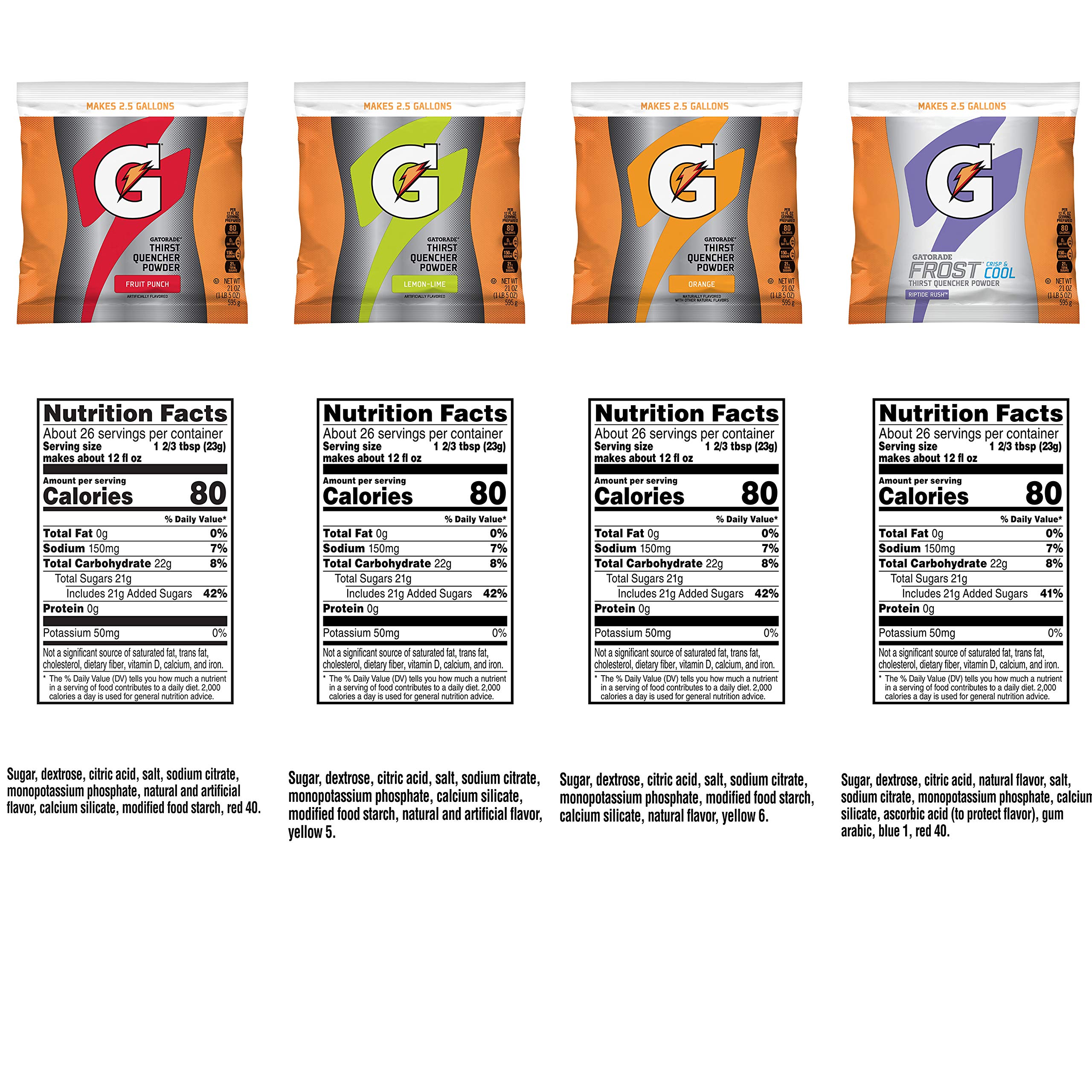 Gatorade Thirst Quencher Powder - 4 Flavor Variety Pack (Lemon Lime, Orange, Fruit Punch, Glacier Freeze) - 21oz Pouches (Pack of 32) - Electrolyte Sports Drink Mix for Hydration & Recovery - Perfect for Workouts, Running, Gym & Outdoor Activities