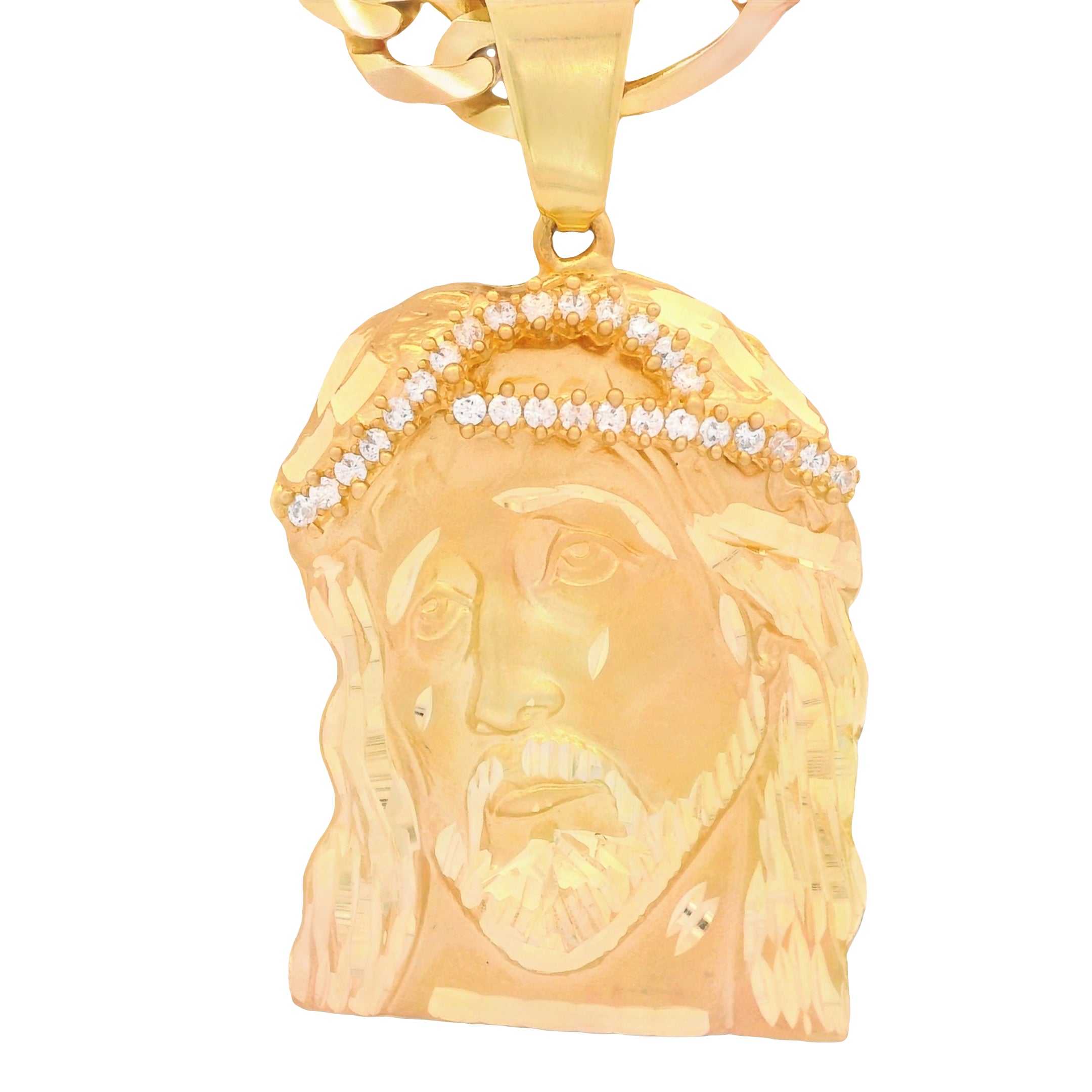 14K Gold Jesus CZ Pendant with Solid Figaro Chain (6.8mm, 24 Inches) - Religious Jewelry for Men & Women - Perfect for Church, Baptism, Weddings & Daily Wear | JTJ™