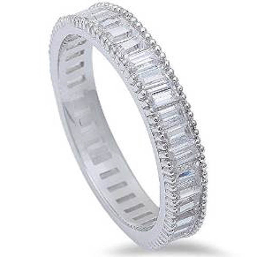 4mm Full Eternity Invisible Baguette Clear White CZ Stackable Wedding Engagement Anniversary Band Ring - Matching Milgrain Ring for Women, Bridal Jewelry, Gift for Her, Perfect for Proposals, Bridal Showers & Anniversary Celebrations