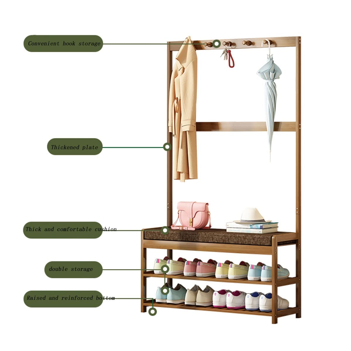 OTBK 3-in-1 Bamboo Entryway Hall Tree Bench with Coat Rack & Shoe Storage - 60cm Multi-Functional Organizer for Entryway, Mudroom or Bedroom - Perfect for Storing Shoes, Hats & Winter Coats