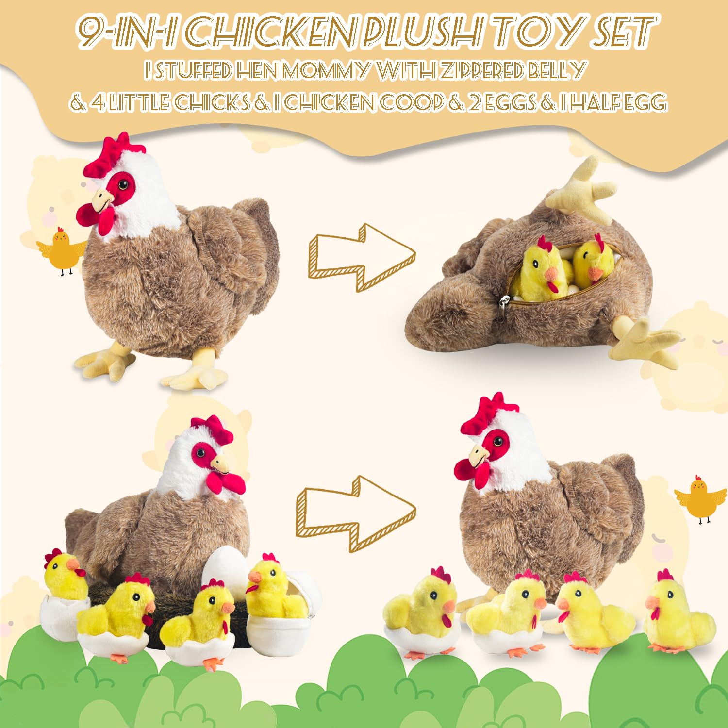 9 in 1 Plush Chicken Toy Set with Egg-Laying Hen, Baby Chicks & Hen House - Stuffed Animal for Kids Easter, Spring & Birthday Parties - Fun Educational Toy for Pretend Play & Gift Giving