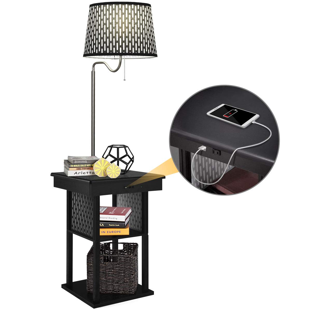 Costzon Modern Swing Arm Floor Lamp with Wireless Charger, Side Table, 2 USB Ports & Open Shelves - Adjustable Bedside Nightstand Lighting for Living Room, Bedroom, Office (Black) | Perfect for Reading, Working & Charging Devices
