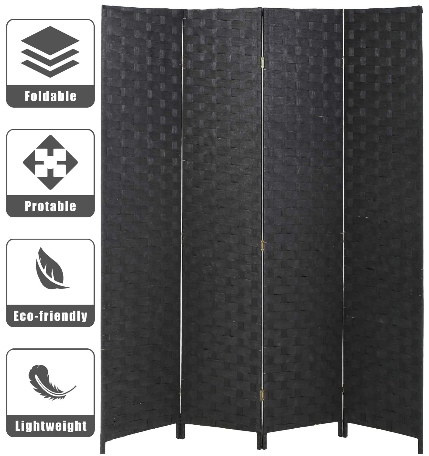 4 Panel 6FT Wood Room Divider - Freestanding Folding Privacy Screen with Stand | Handwoven Mesh Partition for Bedroom, Bathroom & Office | Portable Room Separator for Home & Workspace (Black) | Perfect for Creating Privacy Spaces & Room Zoning
