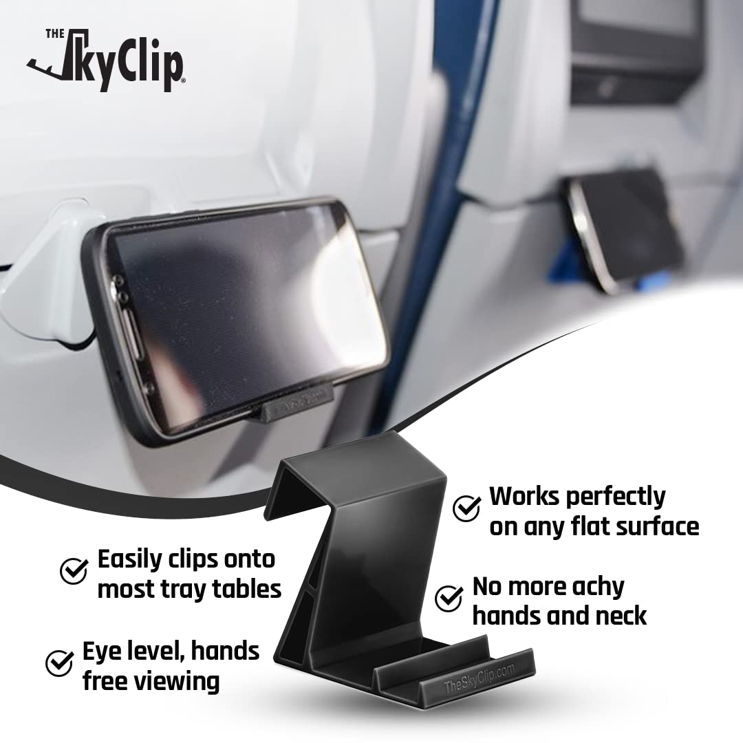 SkyClip Airplane Phone Holder - Adjustable Back of Seat Tray Table Clip & Durable Stand for iPhone, Android, Tablets - Perfect for Inflight Entertainment, Reading & Work (Black, 2-Pack) - Travel Essential for Long Flights & Commuting