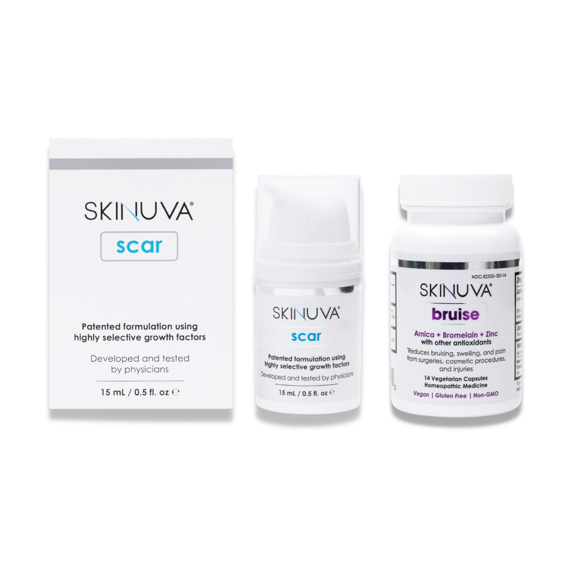 Next Generation Scar Cream (.5 oz) & Skinuva Bruise (14 Capsules) - Advanced Scar Removal with Arnica, Bromelain & Zinc Supplement for Bruising & Swelling | Homeopathic Bruise Remedy for Post-Surgery, Injury Recovery & Skin Healing