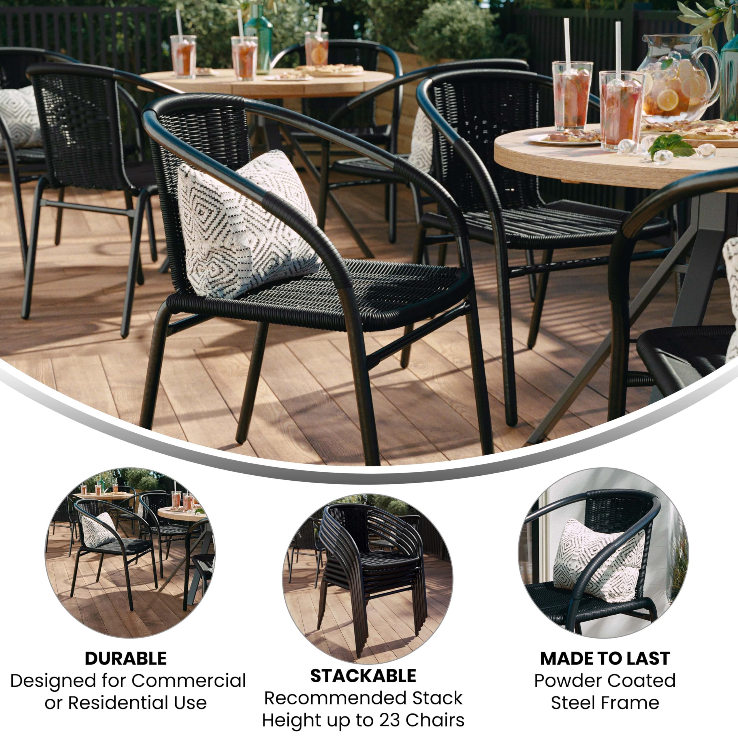 Flash Furniture Modern Rattan Dining Chairs - Indoor/Outdoor Stackable Bistro Chairs for Patio, Restaurant or Cafe (Set of 2, Black) - Perfect for Backyard, Garden & Commercial Use