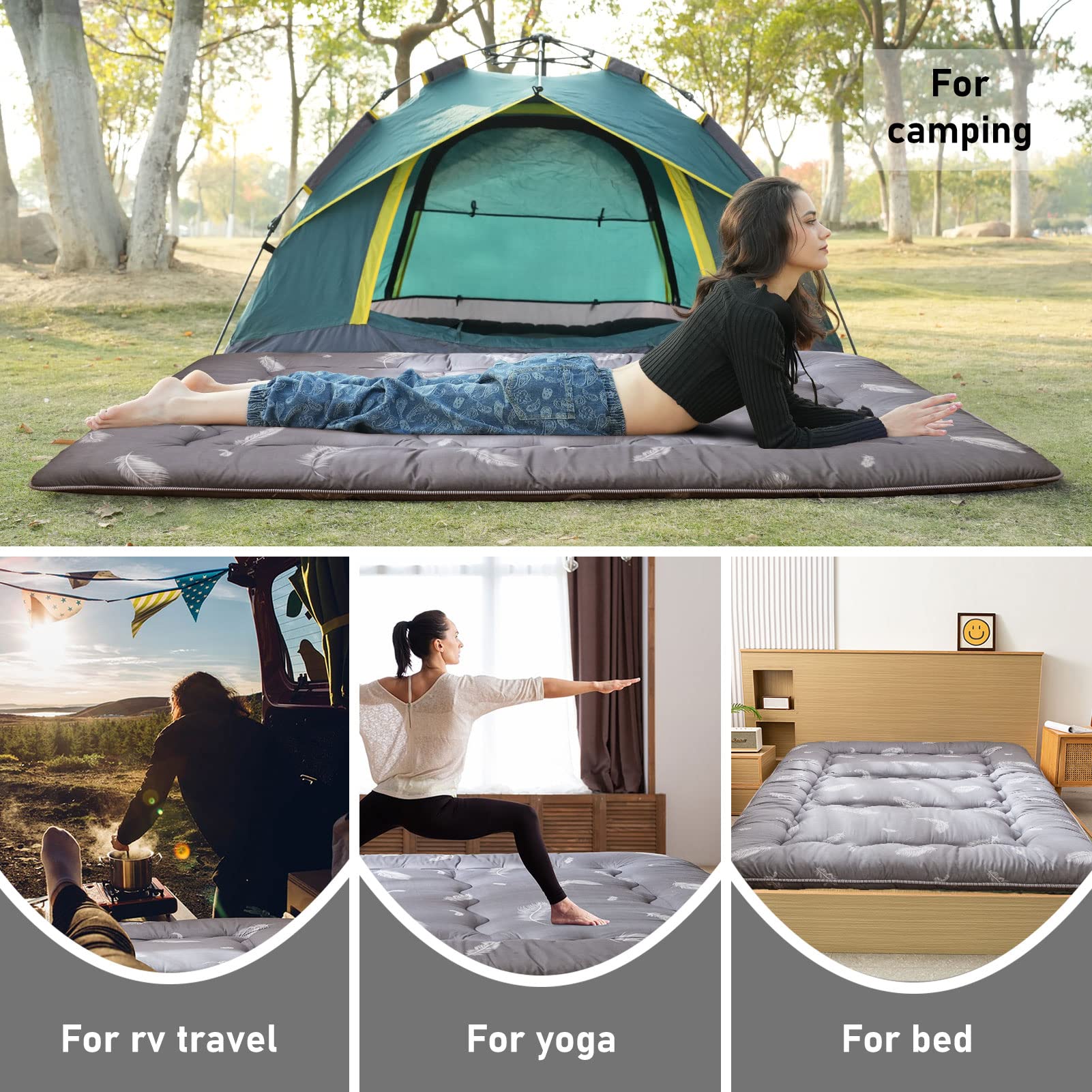 YOSHOOT Grey Feather Futon Floor Mattress - Thick Japanese Foldable Floor Bed for Adults | Queen Size with Canvas Storage Bag | Perfect for Camping, Guest Rooms & Small Spaces