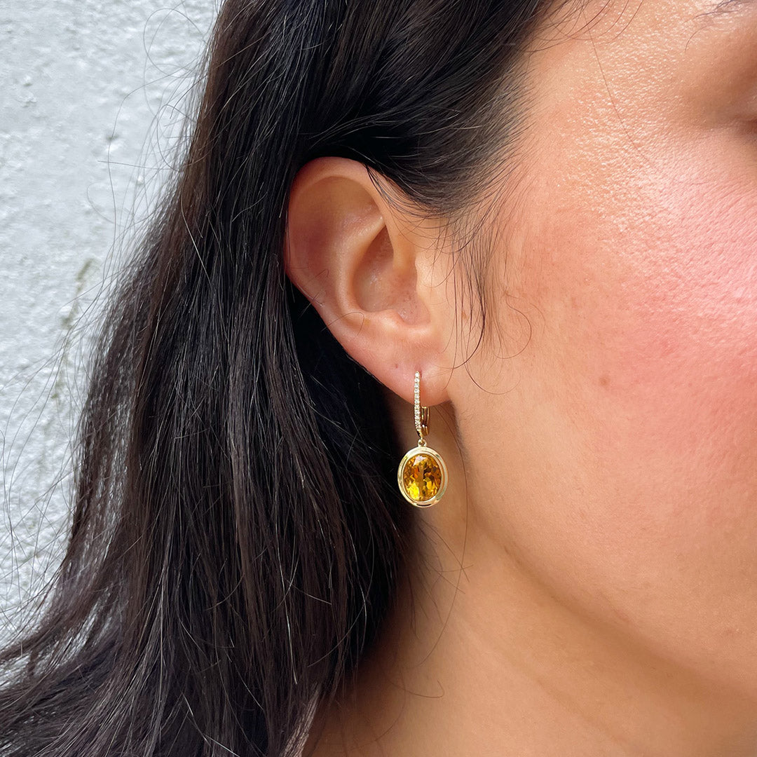 18K Yellow Gold Oval Citrine & Diamond Pavé Drop Earrings for Women - Elegant Dangling Jewelry for Parties, Weddings & Special Occasions