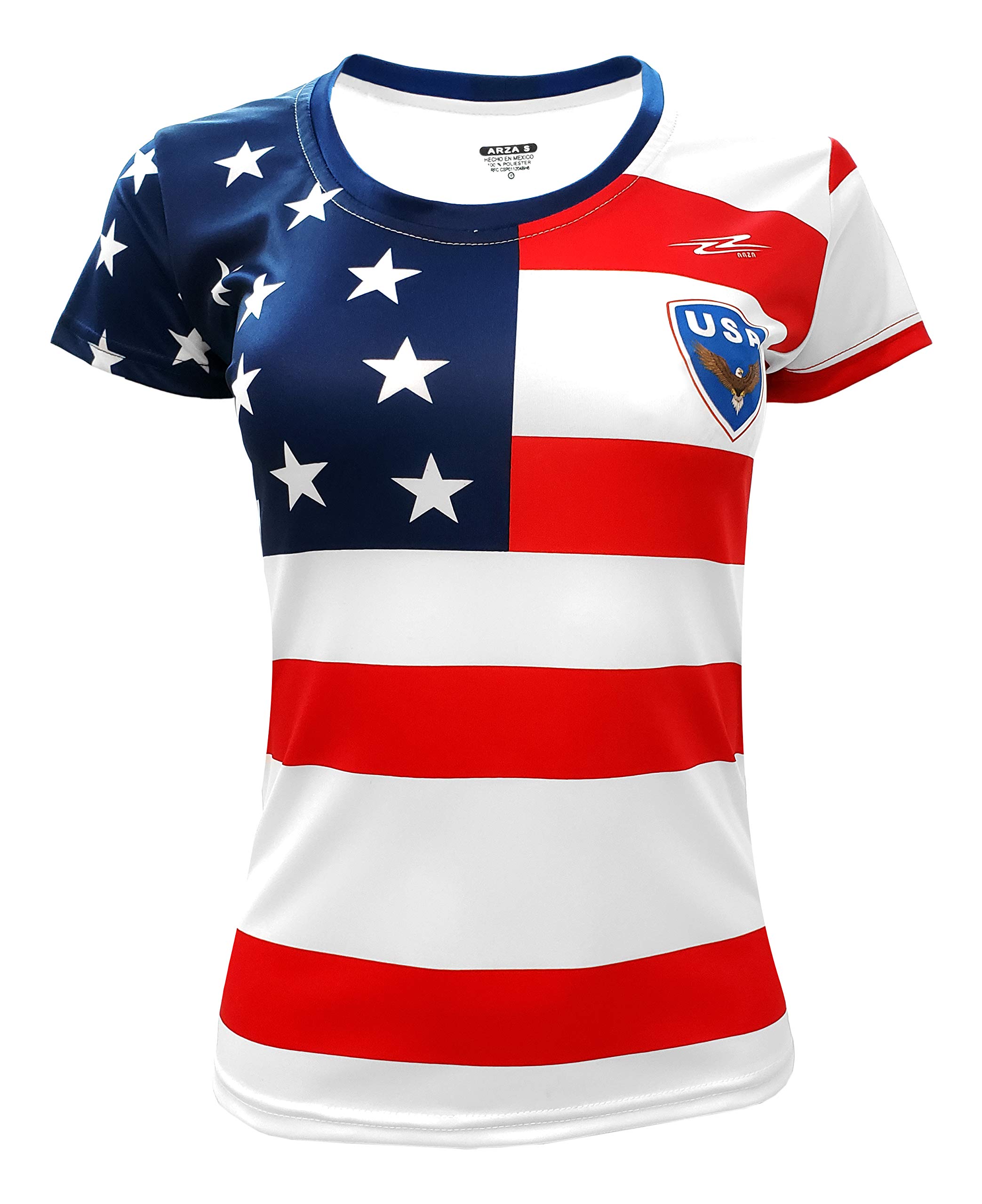 Women's USA Flag Jersey - Short Sleeve Athletic Fit T-Shirt for Running, Gym Workouts & Patriotic Events