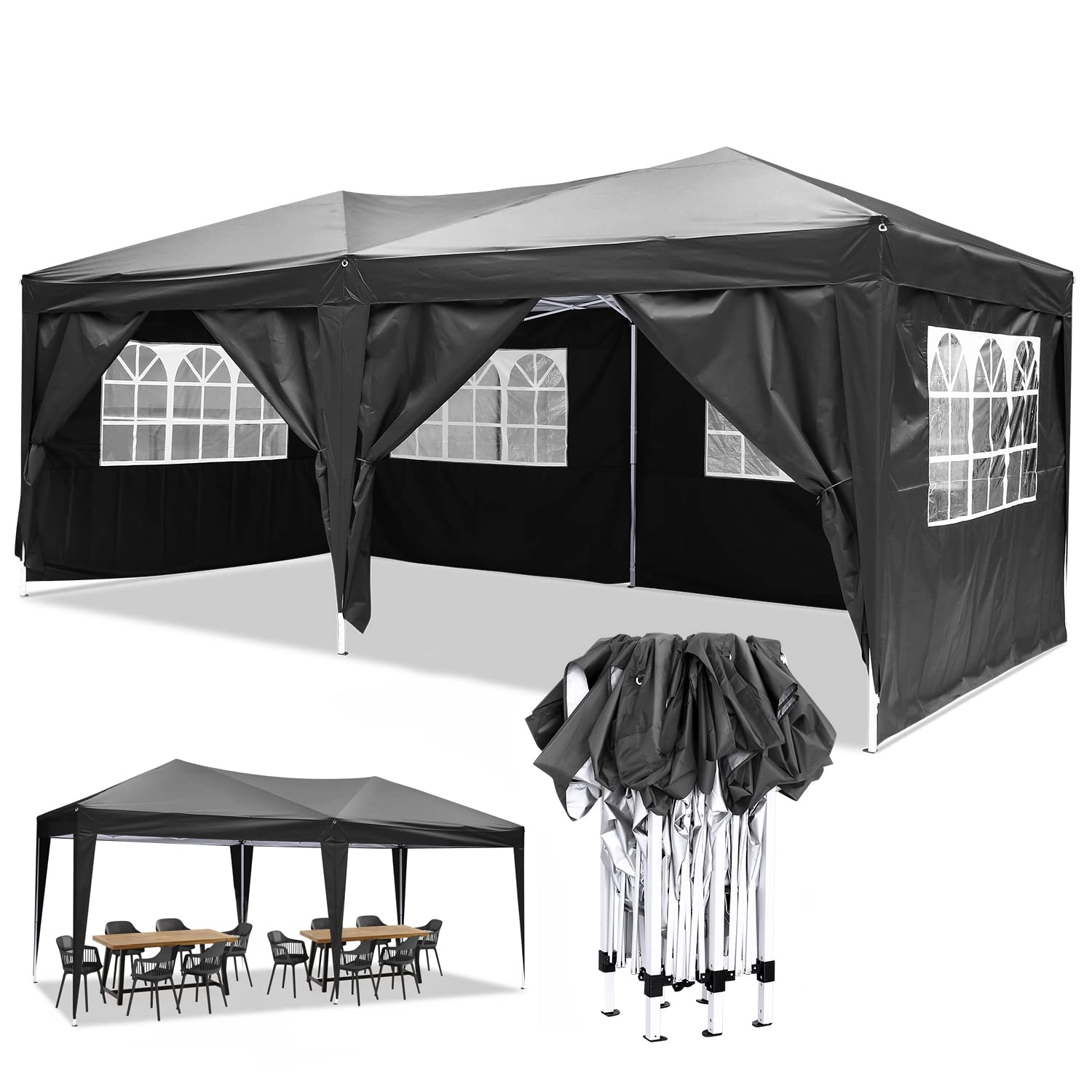 YUEBO 10x20ft Waterproof Folding Gazebo Tent with 6 Removable Walls, UV Protection Outdoor Canopy for Patio, Garden, Camping & Backyard Parties