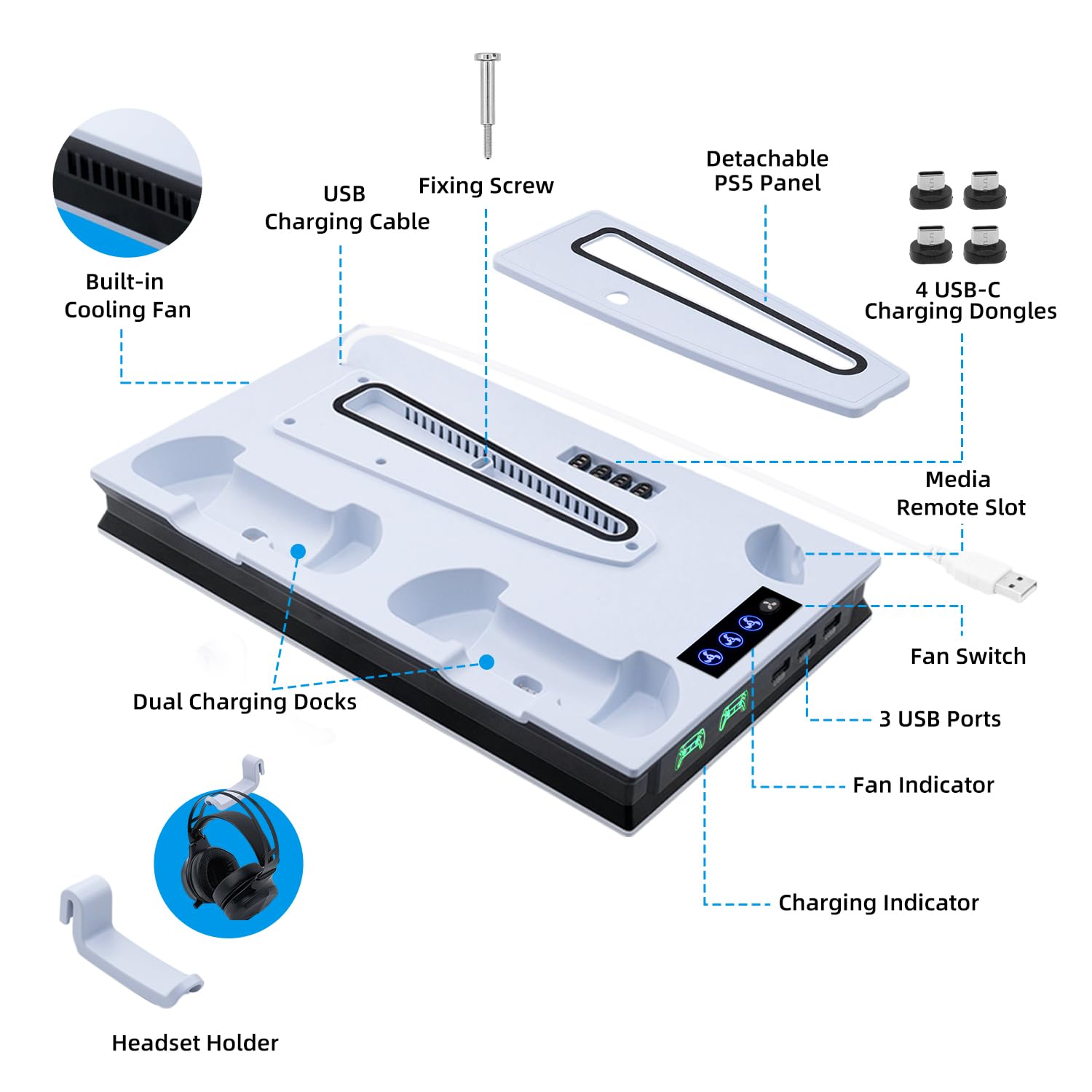 Mcbazel PS5 Cooling & Charging Stand with Adjustable 3-Speed LED Fan, Magnetic Dual Controller Charger - Compatible with PS5, PS5 Slim, PS5 Pro, PlayStation 5 Digital Edition - Perfect for Gaming Setup & Entertainment Center