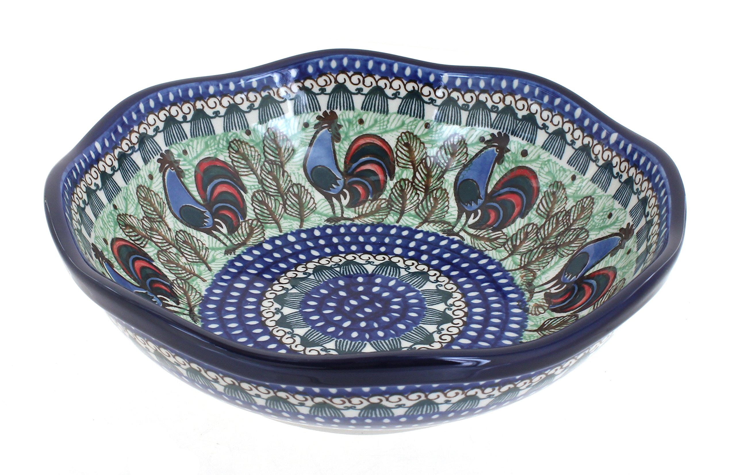 Blue Rose Polish Pottery Rooster Row Large Scallop Bowl - Handcrafted Ceramic Serving Dish for Farmhouse Decor, Kitchen & Dining Table Centerpiece