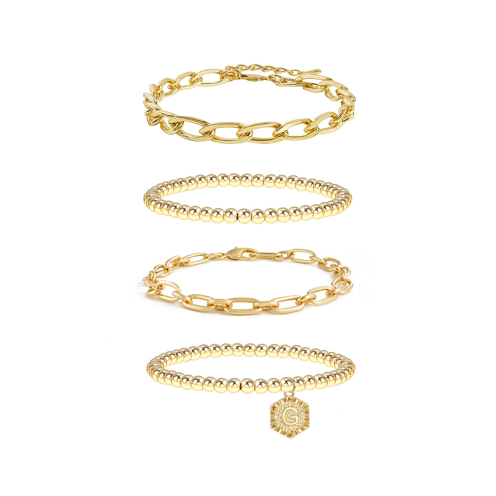 Elegant Gold Plated Initial Bracelets for Women - Stackable Bead & Chain Bangle Set, Layered Cute Bracelets for Everyday Wear, Gift Giving & Special Occasions