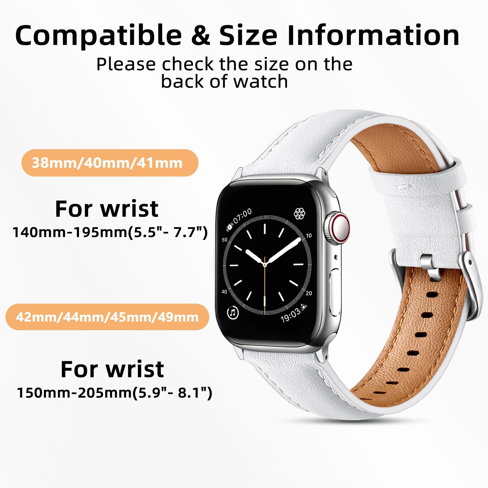 Genuine Leather Apple Watch Band 38mm 40mm 41mm 42mm 44mm 45mm 49mm - Classic Replacement Strap Compatible with All Apple Watch Series 10/9/8/7/6/5/4/3/2/1/SE - Soft Comfortable Leather Watchband for Women & Men (White) - Perfect for Work, Gym & Everyday Wear