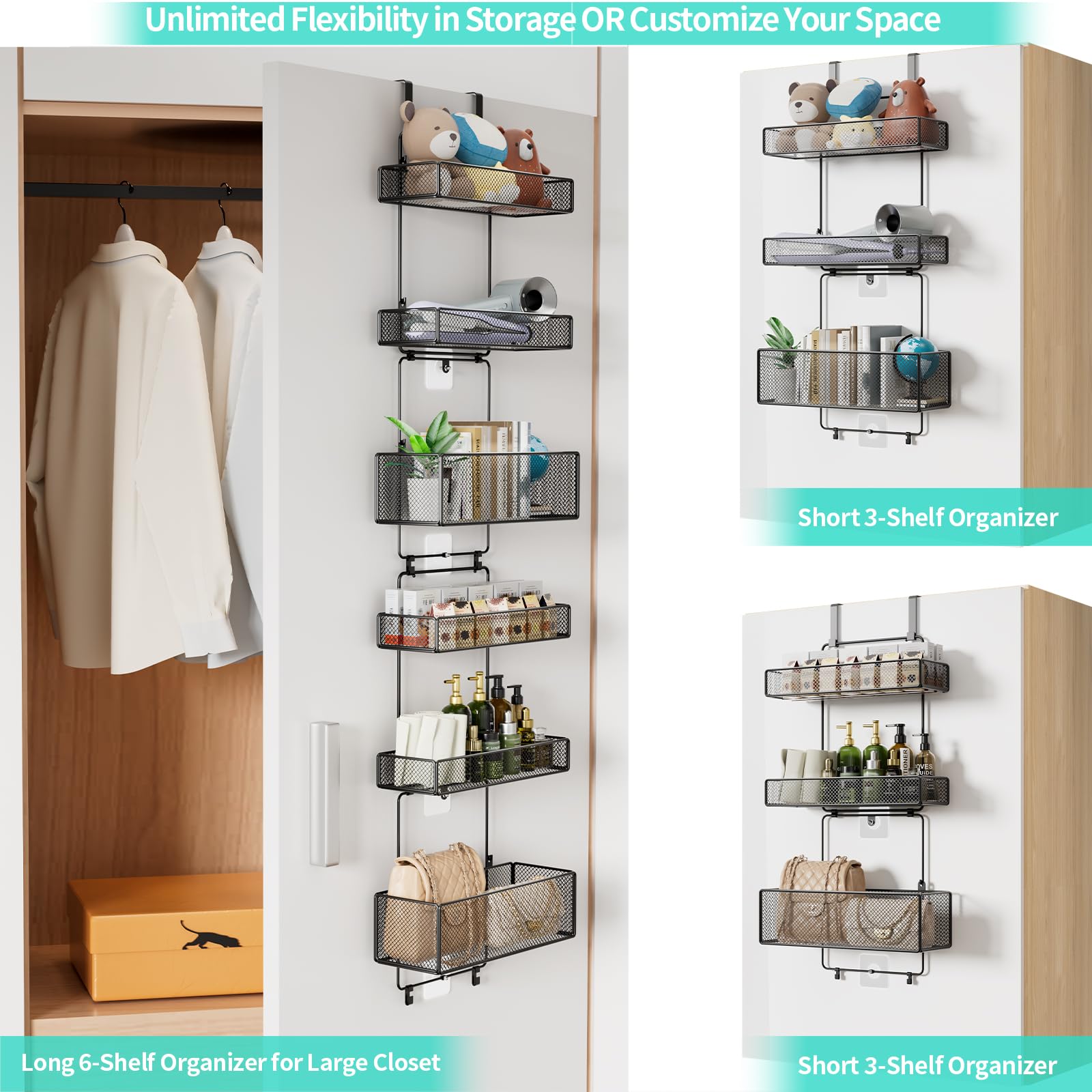 HapiRm Over Door Organizer Storage - 6 Large Metal Baskets, Separable Hanging Organizer for Bathroom, Bedroom, Kitchen, Pantry & Closet - Perfect for Small Space Organization (Black)