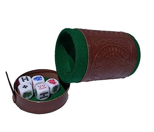 Marquez Premium Poker Dice Game Set with Leather Lined Cup (Cubilete) - 5 Professional Casino Style Dice, Brown, 3.1'' W x 3.5'' H - Perfect for Game Nights, Travel & Spanish-Speaking Players Ages 72+