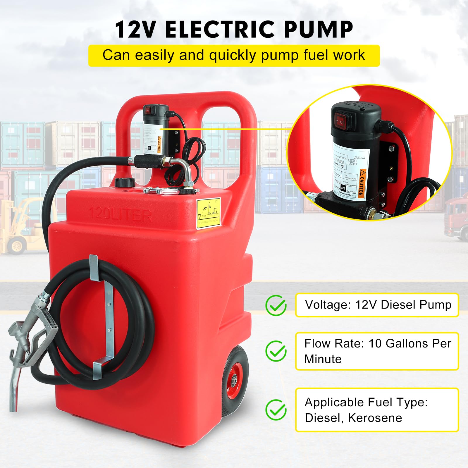 32 Gallon (120L) Heavy Duty Portable Diesel Fuel Tank with 12V Electric Pump (10 GPM) - Includes Sturdy Wheels, Top Handle, 13ft Hose & Oil Gun for Transport, Storage & Refueling Trucks, Equipment & Generators