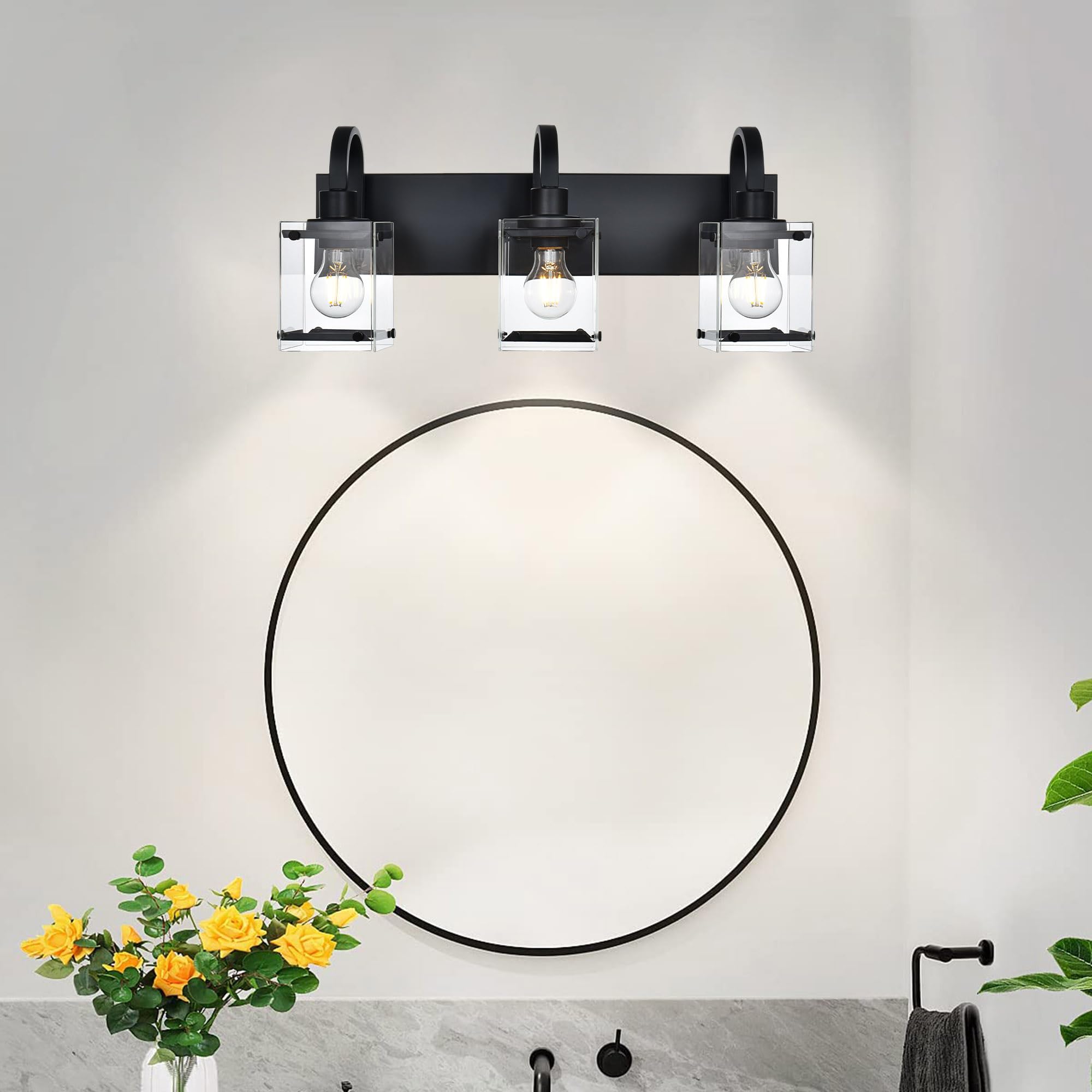 Modern Black Bathroom Light Fixtures - 3-Light Industrial Wall Sconces for Vanity Mirror, Farmhouse Style Bath Lighting for Above Mirror - Perfect for Bathroom, Powder Room & Dressing Room Makeup Lighting