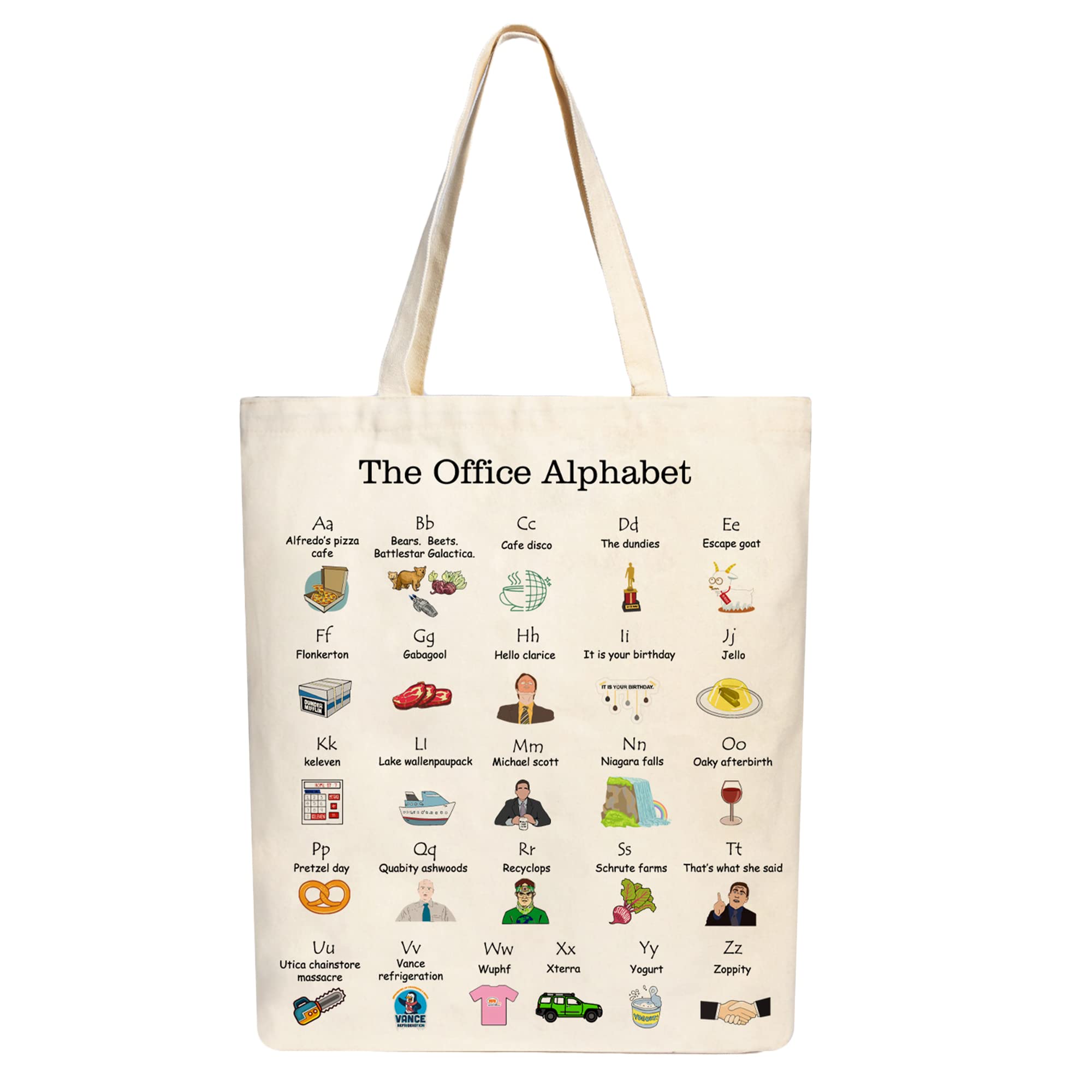 The Office Alphabet Tote Bag - Durable Canvas Reusable Grocery Bag for Fans | TV Show Merchandise Gift for Women & Office Workers | Perfect for Shopping, Travel, Work & Daily Commute - White