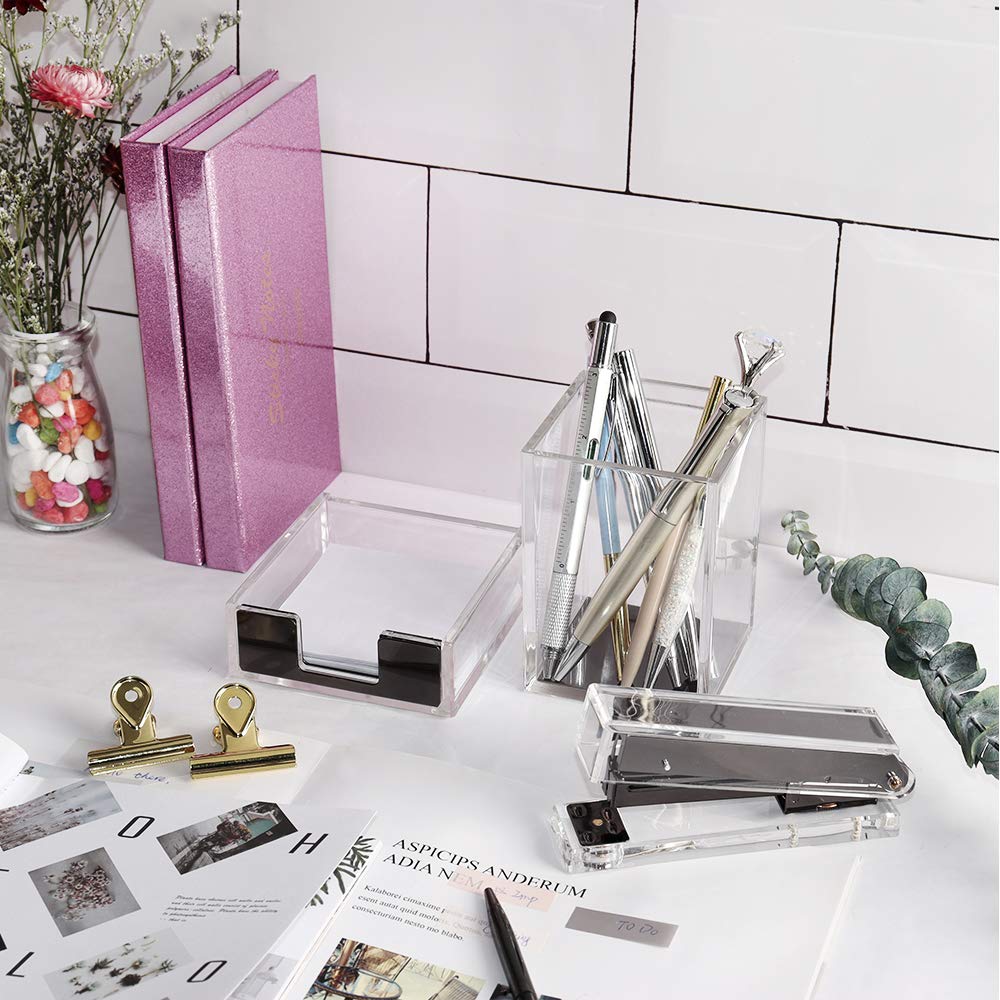 Premium Acrylic Desk Organizer Set - Tape Dispenser, Stapler, Sticky Notes Tray, Magnetic Paper Clip Holder & Pen Pencil Organizer - Modern Office Supplies for Home & Workspace (Lucid Black) - Perfect for Desk Organization, School Supplies & Office Decor