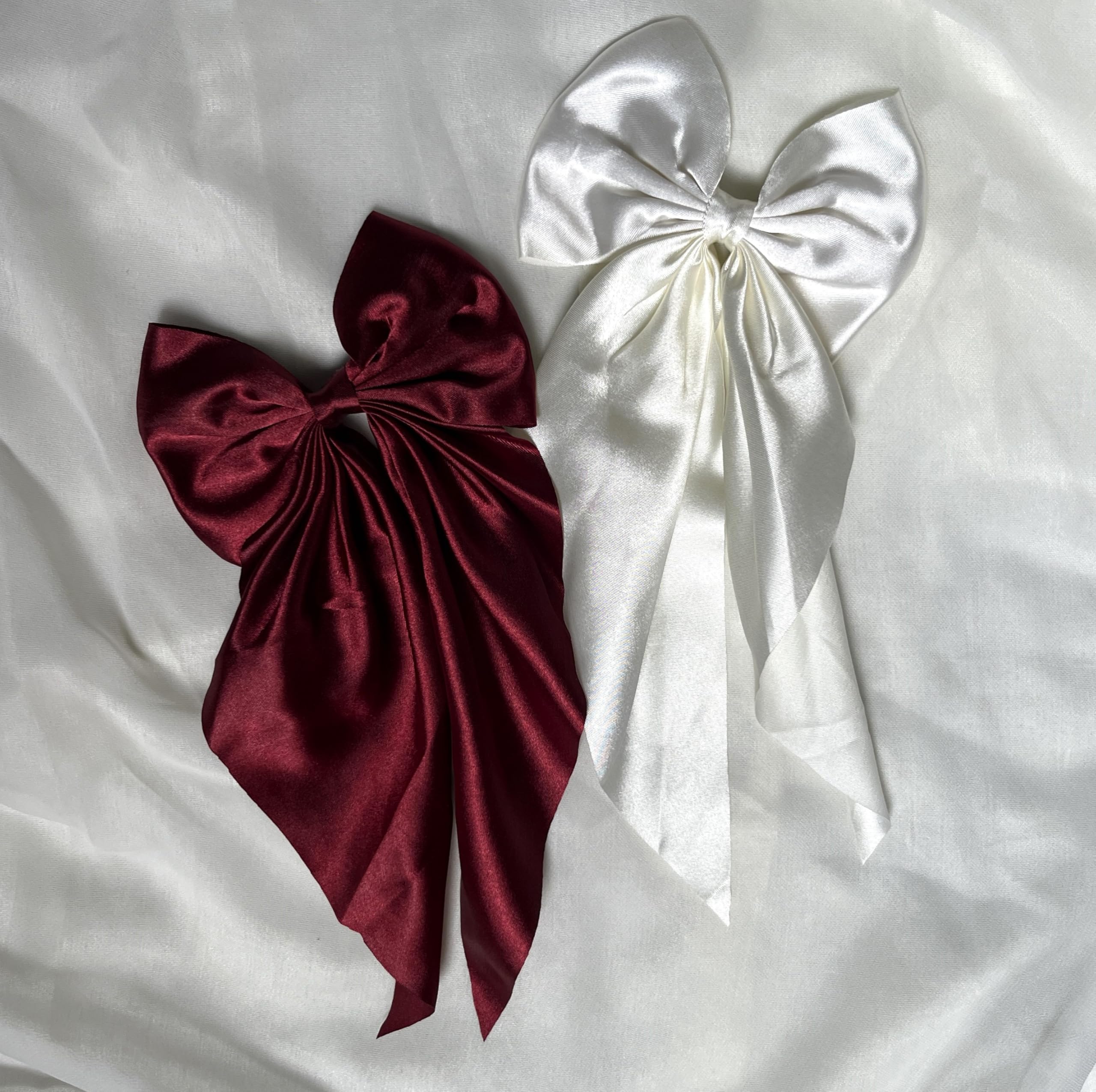 Chictresses® 2 Pack Hair Bows for Women & Girls - Luxury Satin Hair Clips in Off White & Red - Cute Hair Accessories for Parties, Weddings & Daily Wear