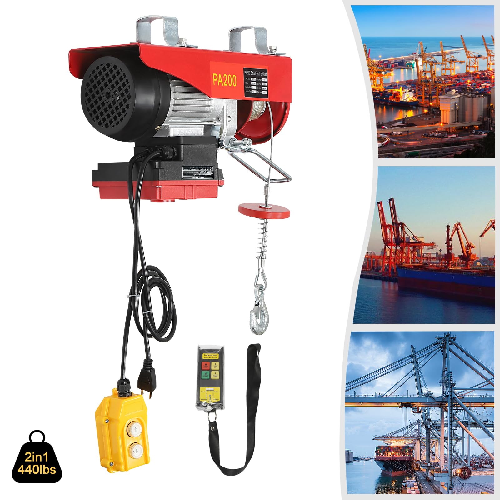 440LBS Electric Hoist with Wireless Remote Control - 510W Steel Electric Winch for Factory, Warehouse & Construction Lifting - Single/Double Slings 110V Electric Lift for Heavy Duty Material Handling