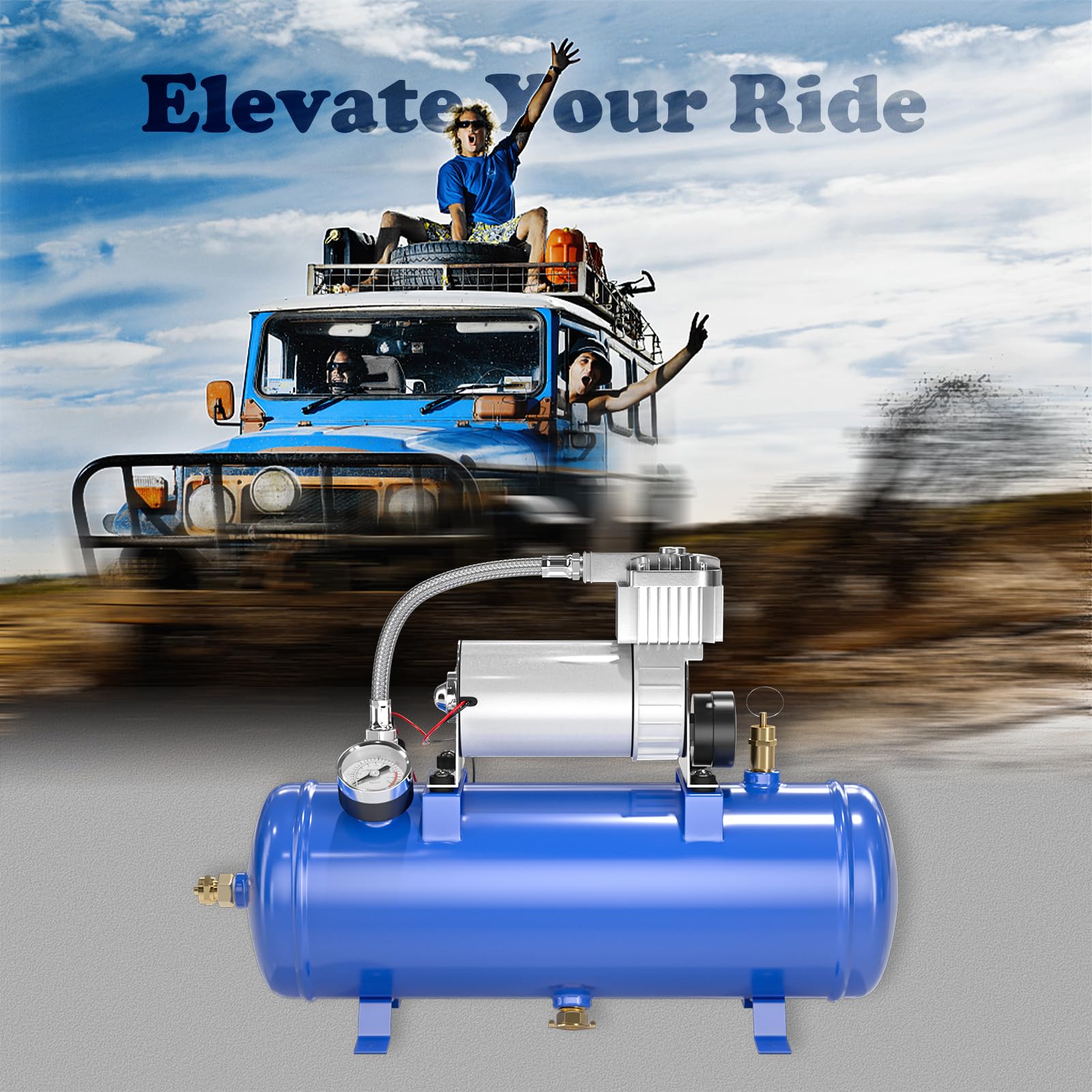 150PSI 12V Heavy Duty Air Compressor with 1.59 Gallon (6L) Tank - Portable Onboard Air Pump for Truck, Train Horns, Tires & Off-Road Vehicles - Perfect for Roadside Emergencies & DIY Projects