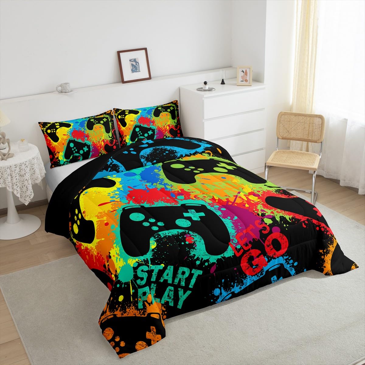Erosebridal Girls & Boys Full Bedding Set - Gaming Comforter Set for Toddlers & Kids, Watercolor Gamer Bedding Collection | Perfect for Kids' Bedrooms, Sleepovers & Gaming Themed Rooms