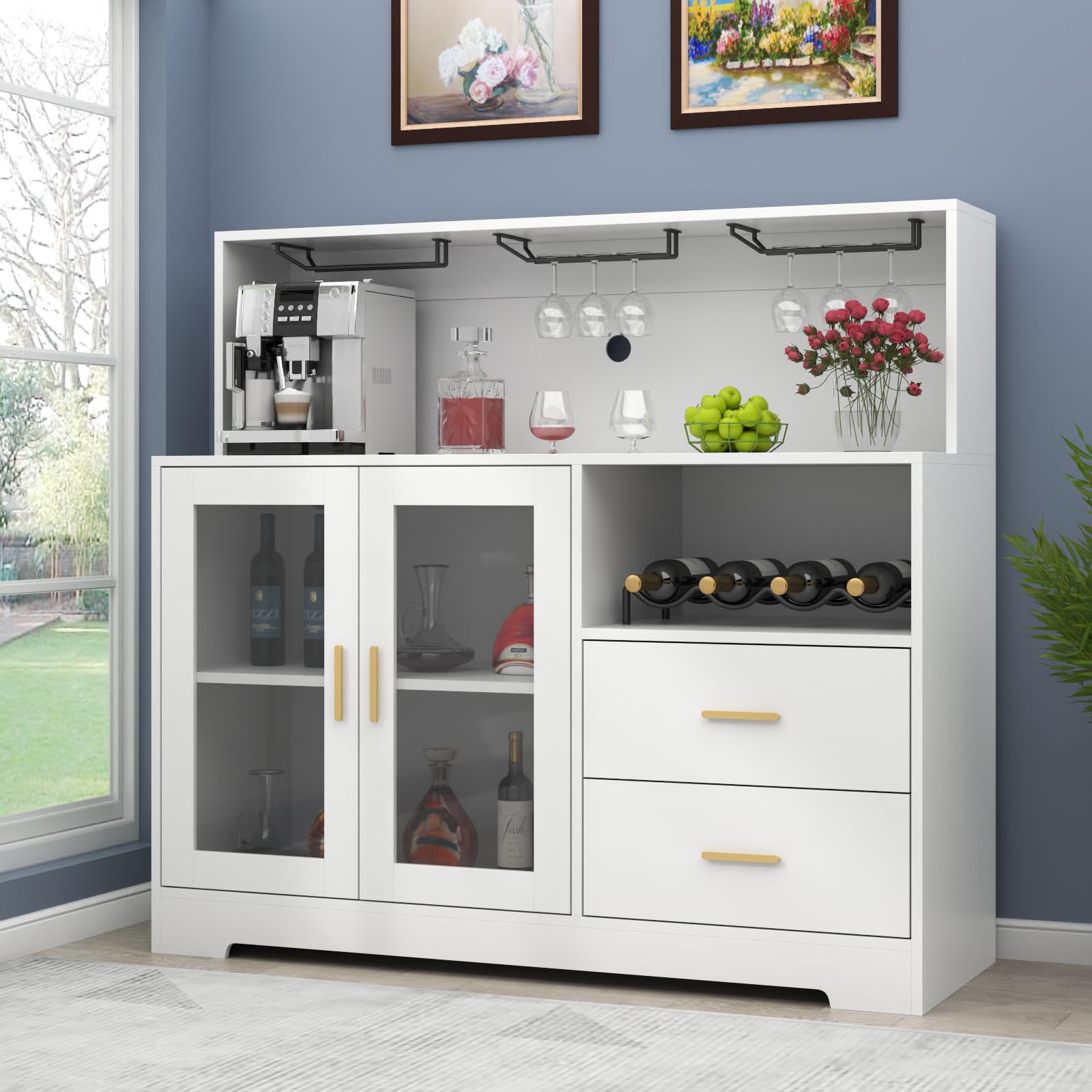 Modern White Wine Bar Cabinet with LED Lighting - Kitchen Buffet Sideboard with Wine & Glass Rack, Storage Cabinet & Drawers - Perfect for Living Room, Dining Room & Home Bar Setup