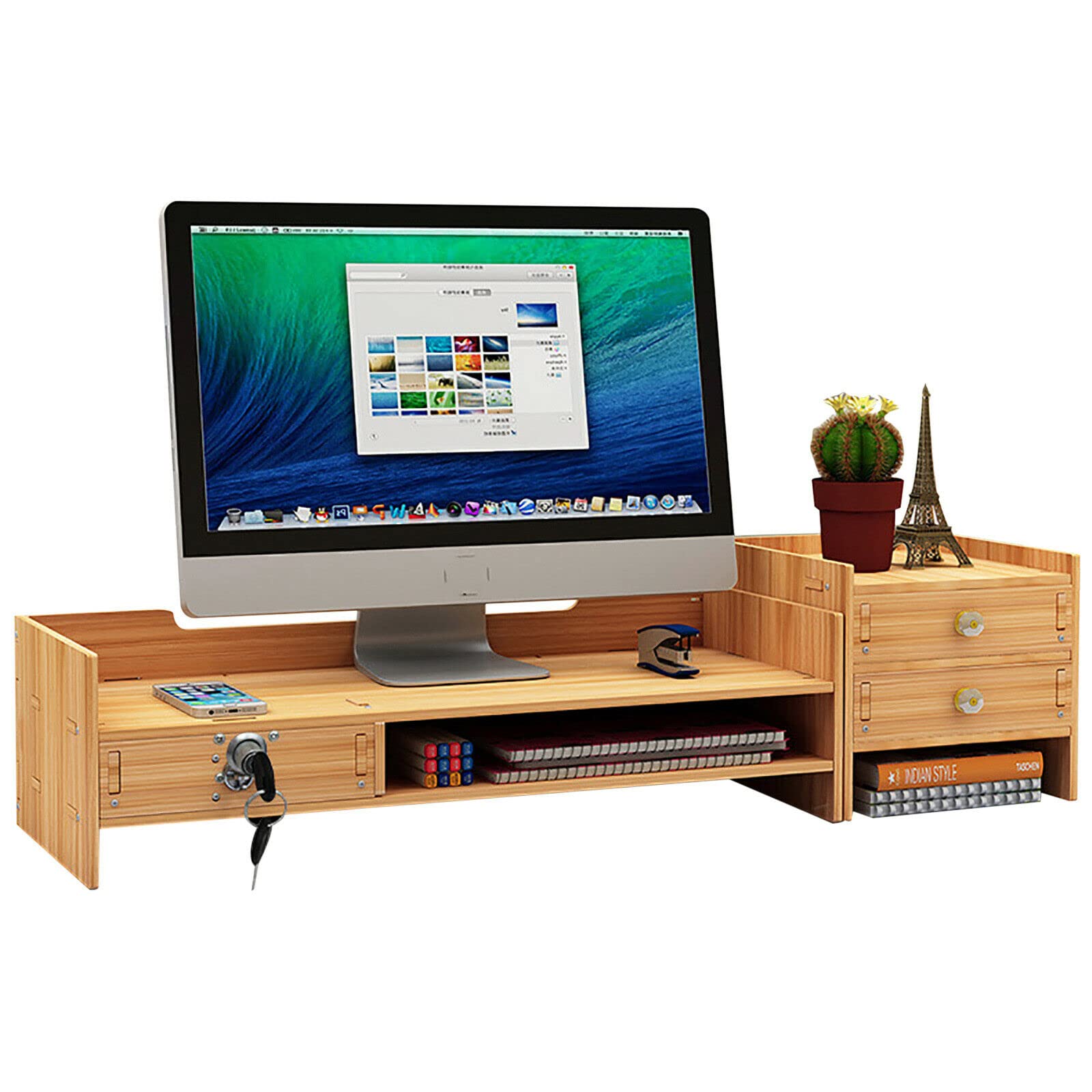 Wooden DIY Home Office Desk Drawer Organizer - Laptop Stand & Monitor Riser for Office Supplies Storage | Left Position | Perfect for Workspace Organization & Minimalist Home Office Setup