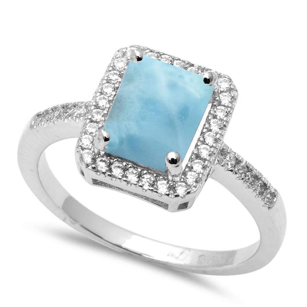 Radiant Cut Natural Larimar & Cubic Zirconia Sterling Silver Ring Size 5-10 | Oxford Diamond Co | Elegant Jewelry for Women, Perfect for Weddings, Anniversaries & Special Occasions