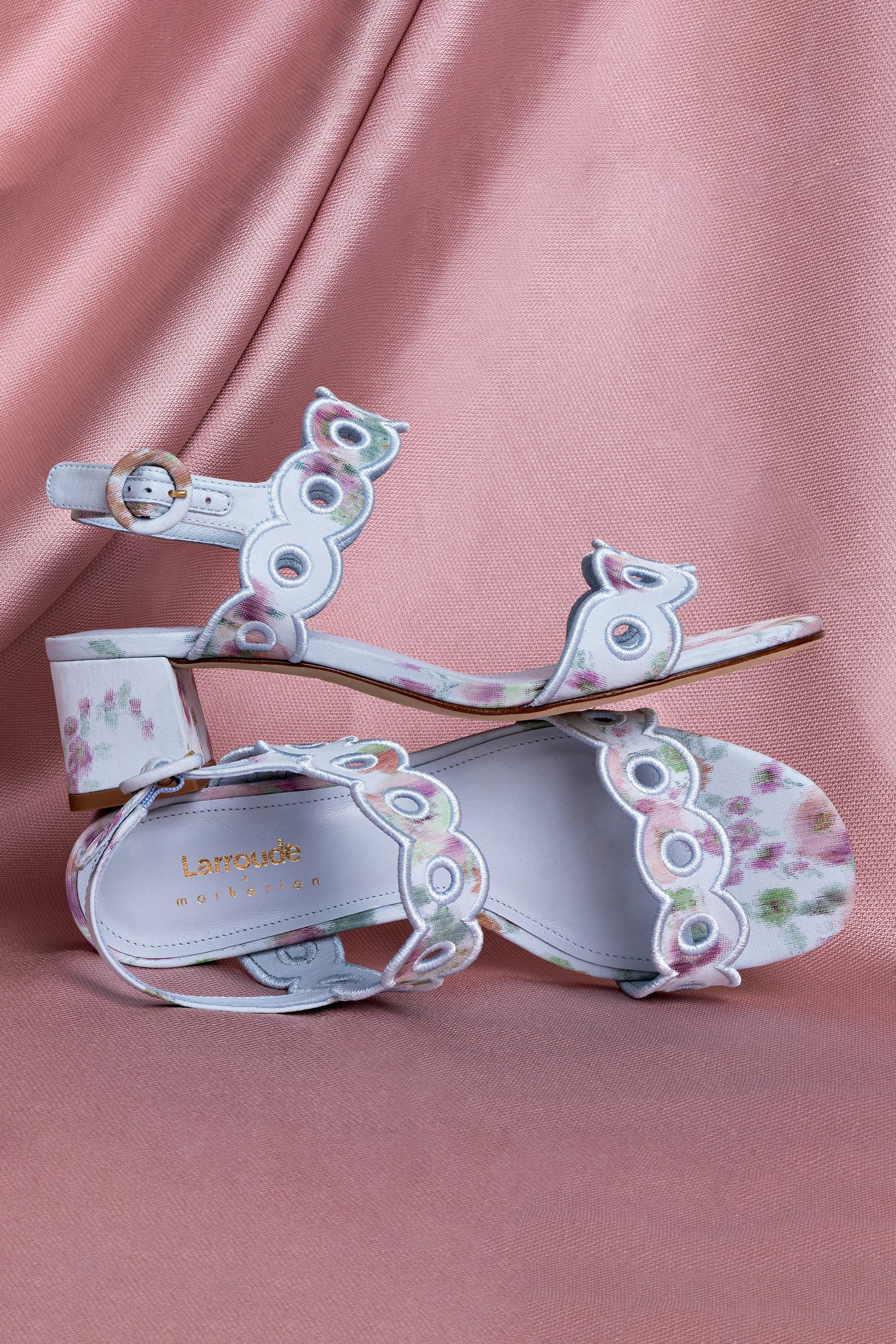 Larroudé x Markarian Florence Embroidered Apple Blue Floral Ikat Heels - Elegant Women's Dress Shoes for Weddings & Special Occasions
