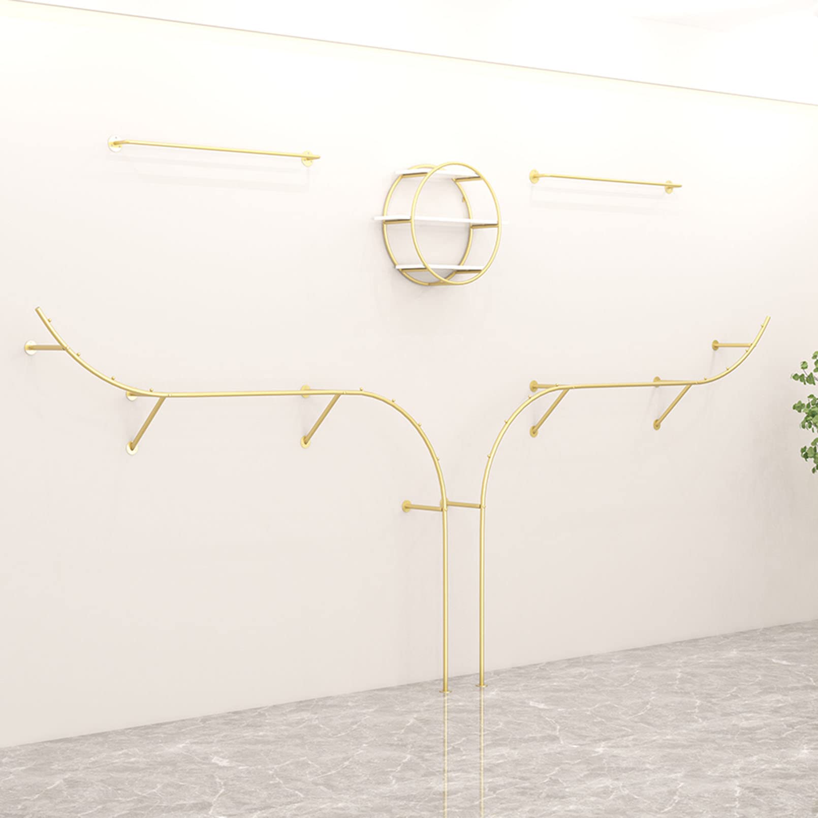 Gold Industrial Pipe Wall-Mounted Clothing Rack - Modern Boutique Display Shelf with 250cm Closet Rod for Home Cloakroom & Retail Store Organization | Perfect for Bedroom, Walk-In Closet, and Storefront Garment Display