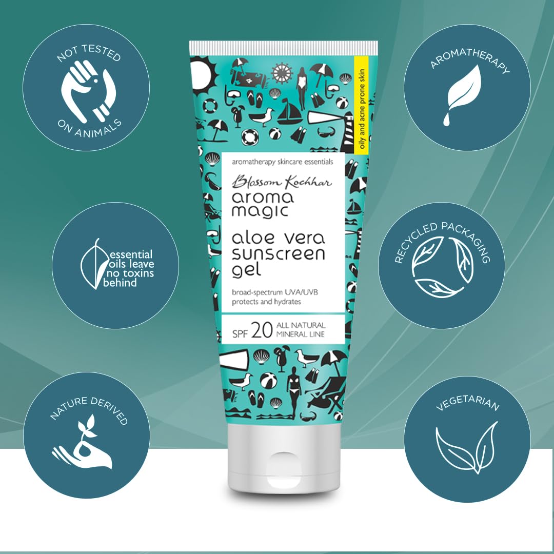 Aroma Magic Aloe Vera Sunscreen Gel SPF 20 - Broad Spectrum UVA/UVB Protection for Oily & Acne-Prone Skin | 100ml | Lightweight, Non-Greasy Formula for Daily Face & Body Sun Protection