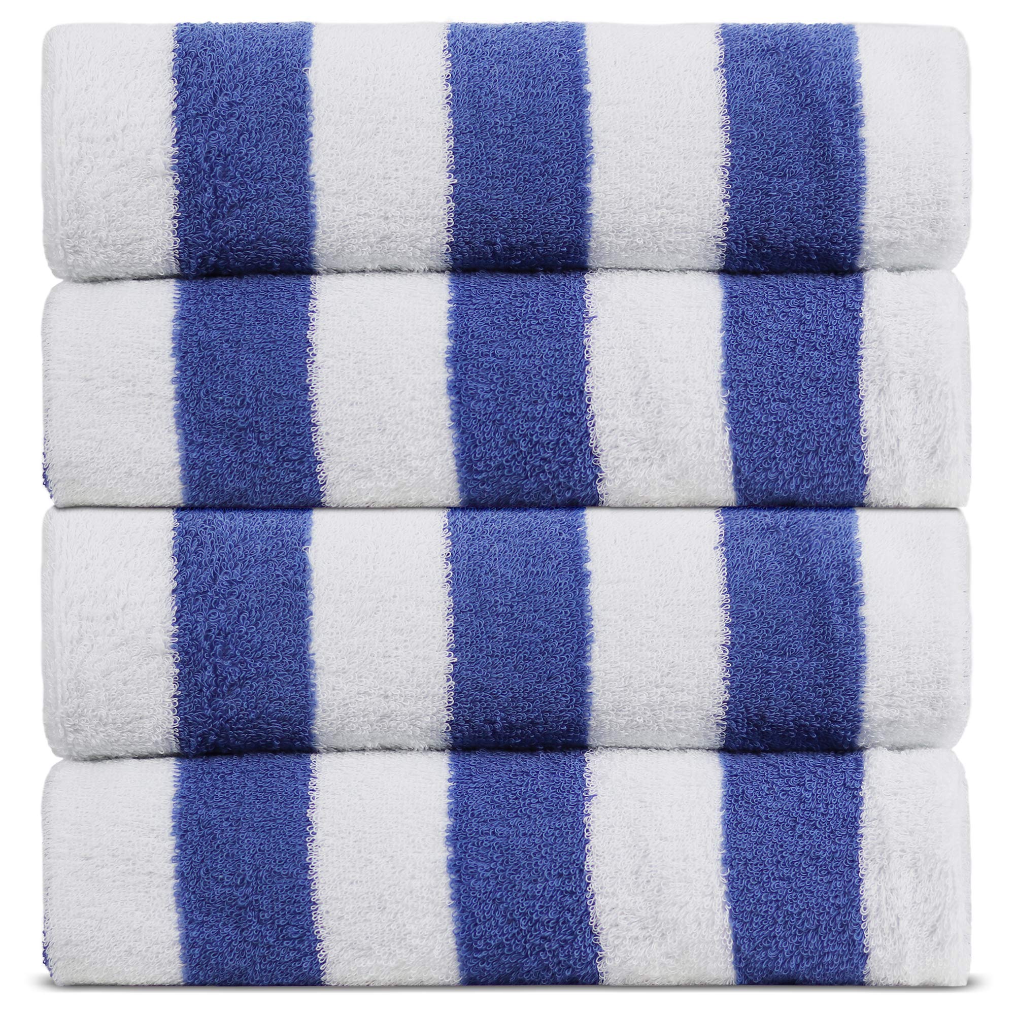 Premium 100% Turkish Cotton Beach Towel Set of 4 - Ultra Soft & Absorbent Pool, Spa & Hotel Luxury Towels in Blue Cabana - Perfect for Beach Vacations, Swimming Pools & Resort Style Bathing
