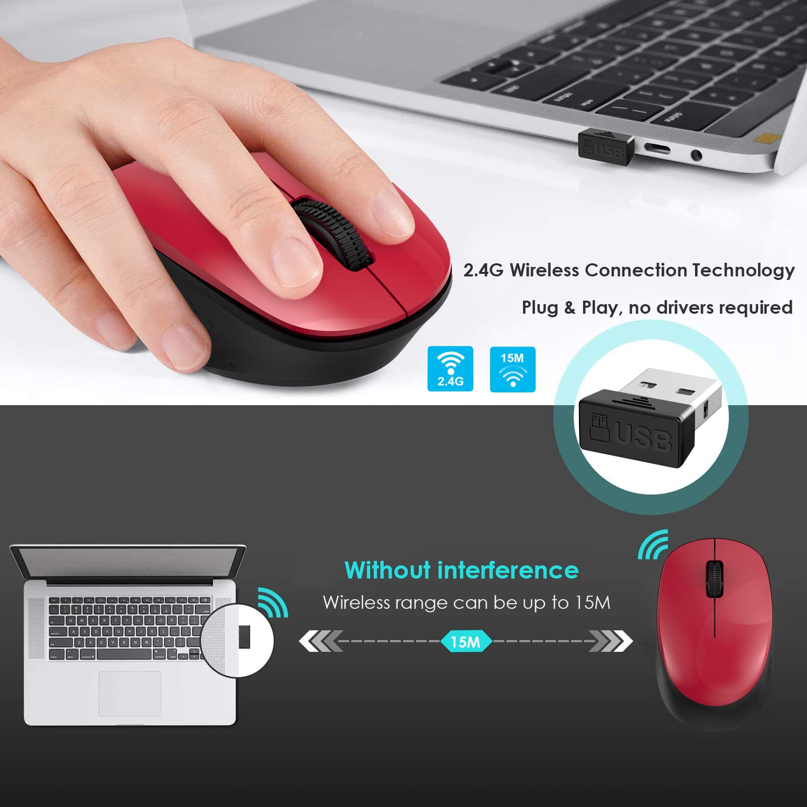 LeadsaiL Wireless Mouse for Laptop - 2.4GHz Silent USB Optical Mouse with 3 Buttons, 1600 DPI, Compatible with Windows, Mac, Chrome OS & Linux - Perfect for Office, Home & Travel Use