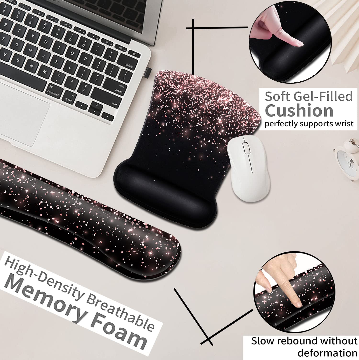Ergonomic Gel Mouse Pad with Wrist Support - Soft Memory Foam Keyboard Wrist Rest for Office Typing & Gaming - Rose Gold Glitter & Black Dirt-Resistant Design - Perfect for Home Office, Computer Work & PC Gaming Setup