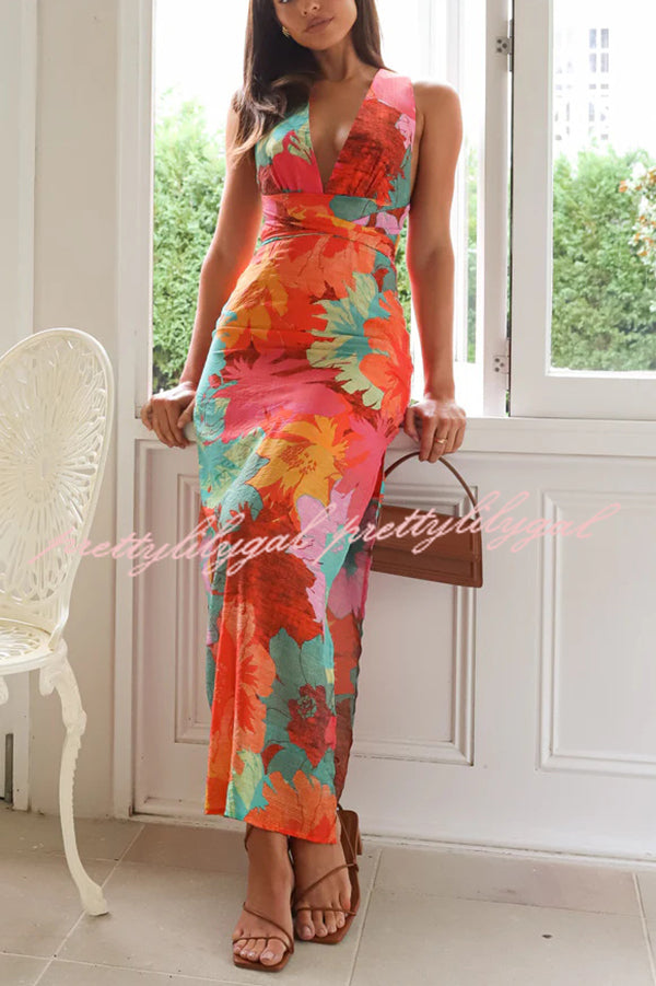 Unique Printed V-Neck High Waisted Slit Maxi Dress for Women | Flowy Summer Beach Dress | Perfect for Vacations, Parties & Date Nights