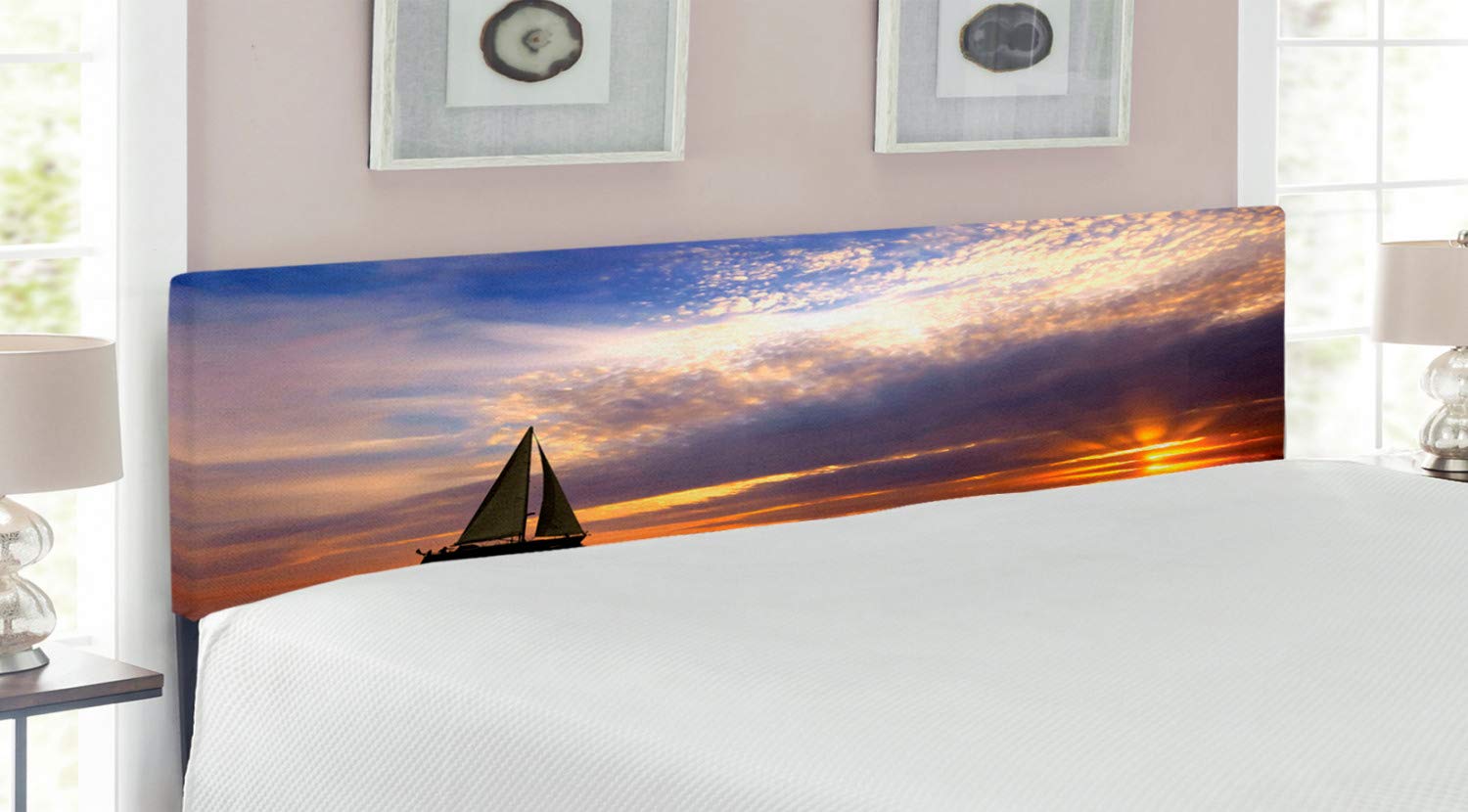 Ambesonne Sailboat Upholstered Headboard - King Size Decorative Metal Bed Headboard with Memory Foam, Sunset Sailing Design in Marigold Blue-Grey | Perfect for Romantic Bedrooms, Honeymoon Suites & Nautical Theme Decor