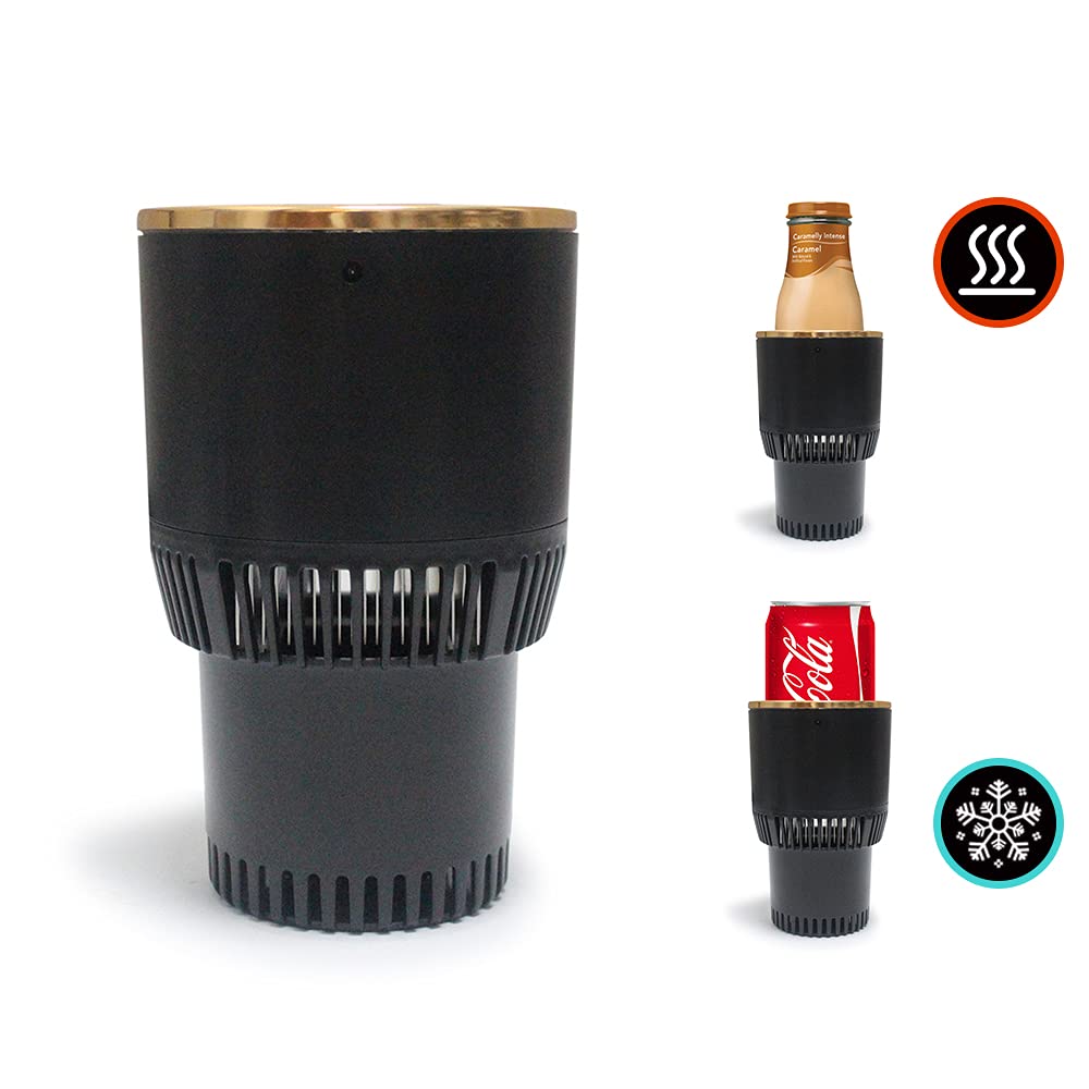 12V Auto Car Cup Holder Heater & Cooler - Smart Temperature Control for Coffee, Beverage, Milk - Dual Function Heating & Cooling (Black with Gold) - Perfect for Road Trips, Commuting & Office Use