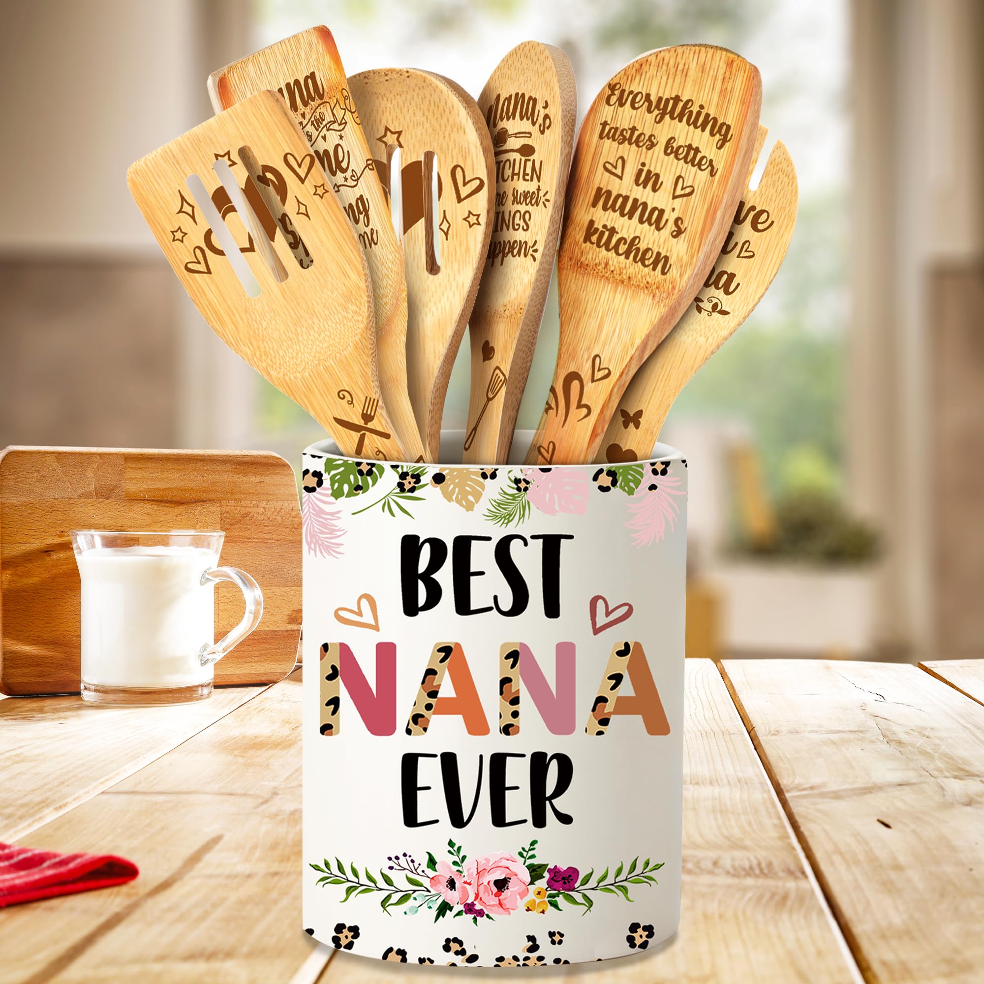 Ceramic Utensil Holder with Wooden Spoons - Perfect Christmas Gift for Nana & Grandma | Kitchen Organizer & Cooking Tools Set | Ideal for Home, Holiday Decor & Family Cooking