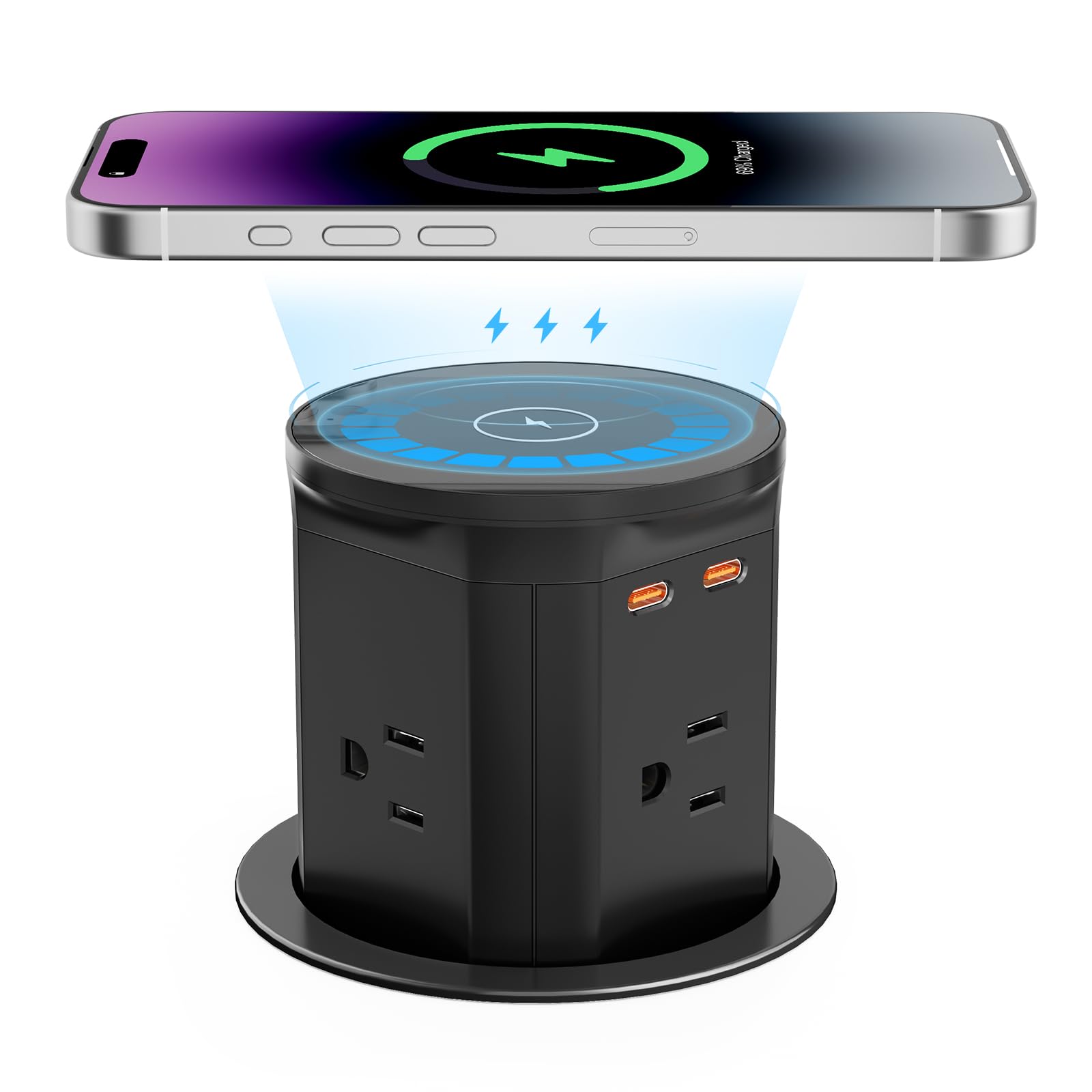 BTU Pop Up Outlet with 15W Wireless Charger & 20W USB-C Fast Charging | 4 AC Outlets | Kitchen Countertop & Desk Charging Station (3 3/8